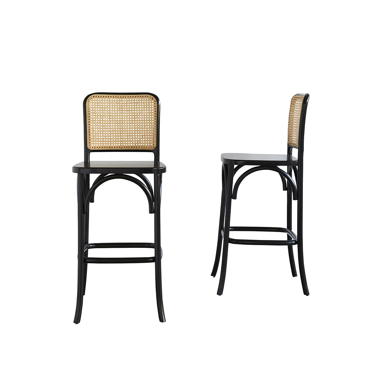 Lot de 2 tabourets de bar en bois d'acajou et cannage noir