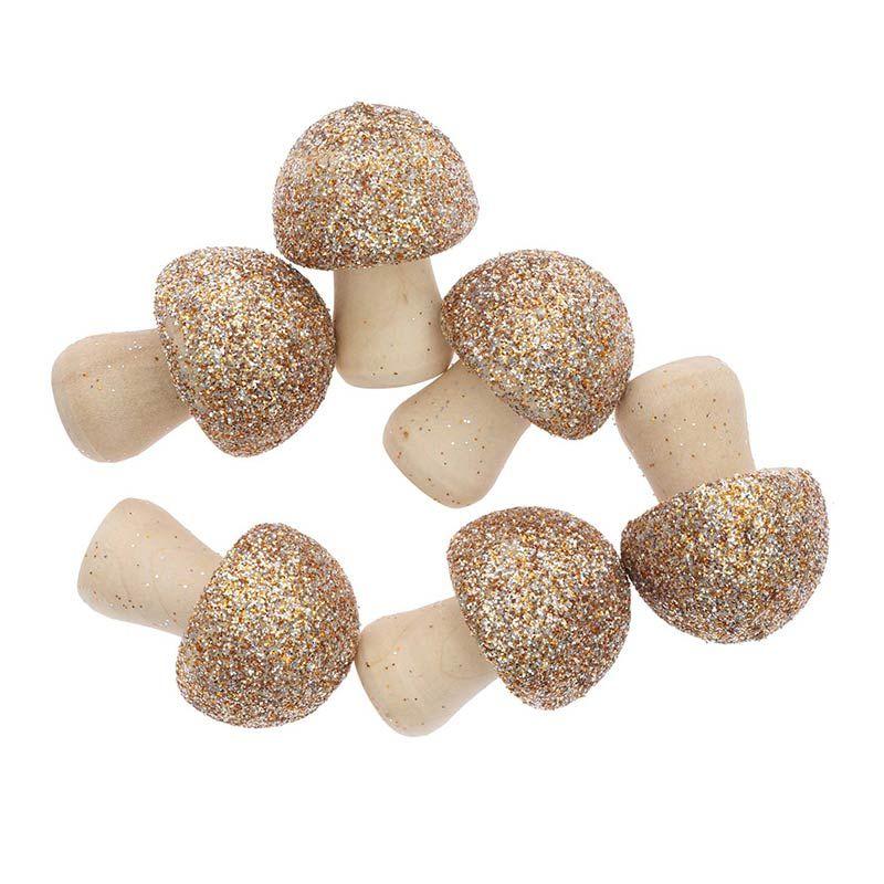 6 champignons en bois pailletés dorés (photo) 6 champignons en bois pailletés dorés