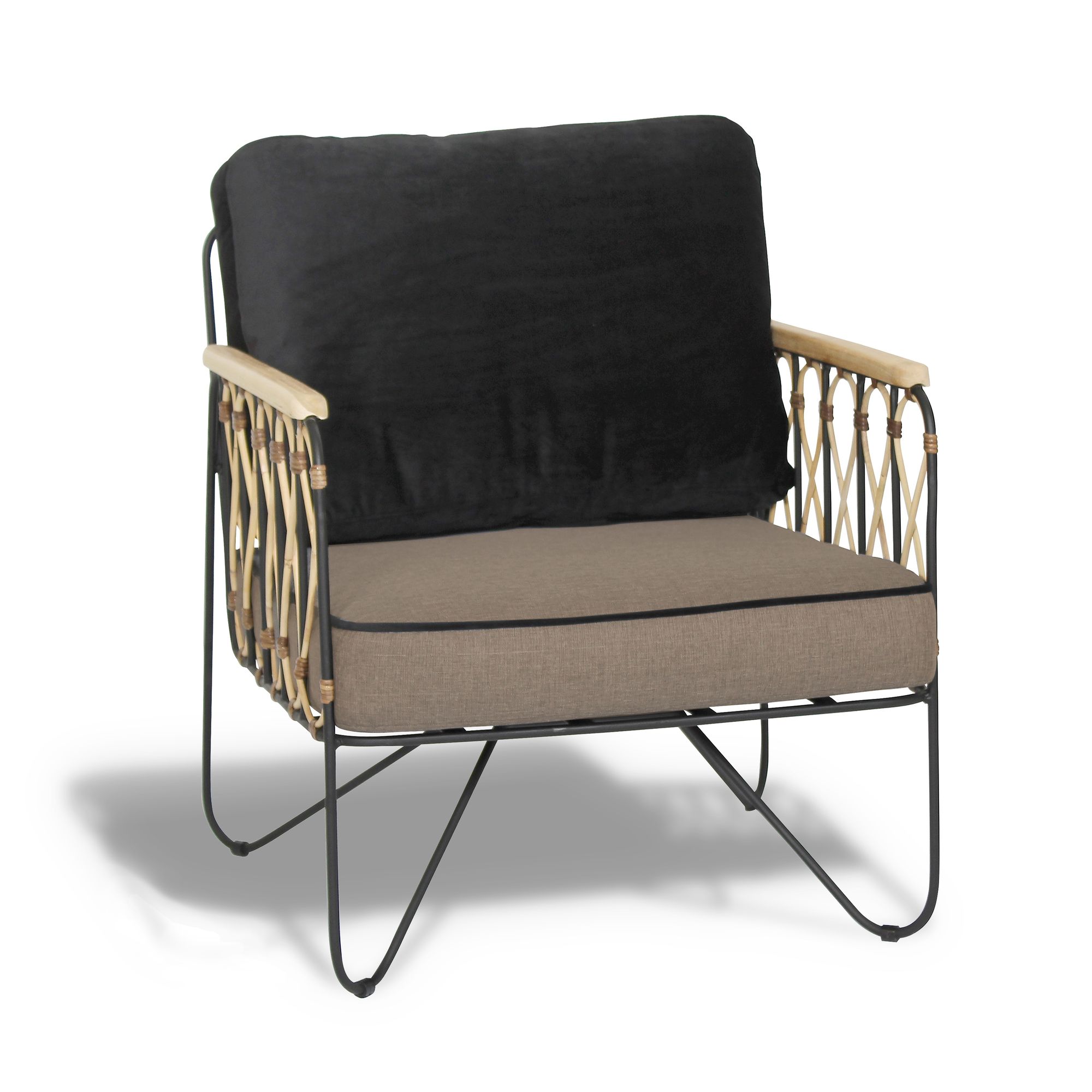 Fauteuil en velours noir et gris structure en métal et rotin Fauteuil en velours noir et gris structure en métal et rotin