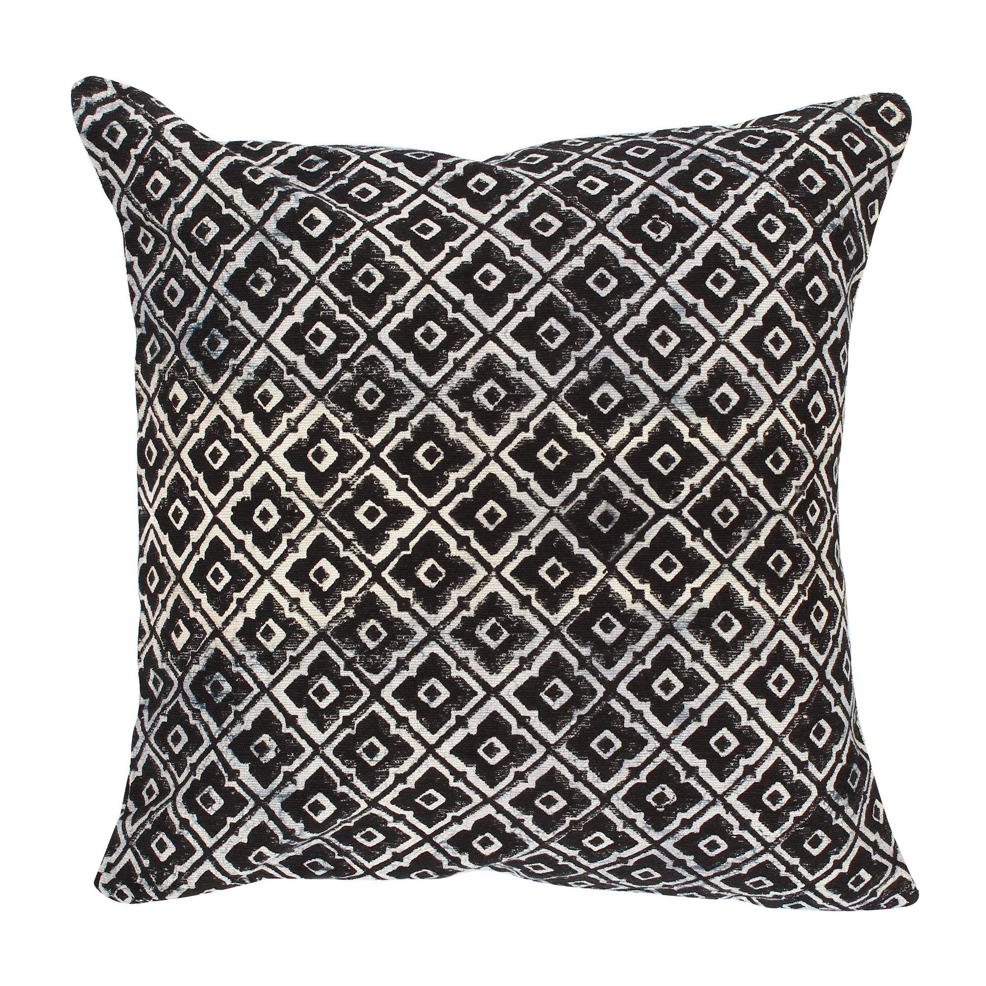 Coussin en coton imprimé bleu et noir avec pompons 45x45 Coussin en coton imprimé bleu et noir avec pompons 45x45
