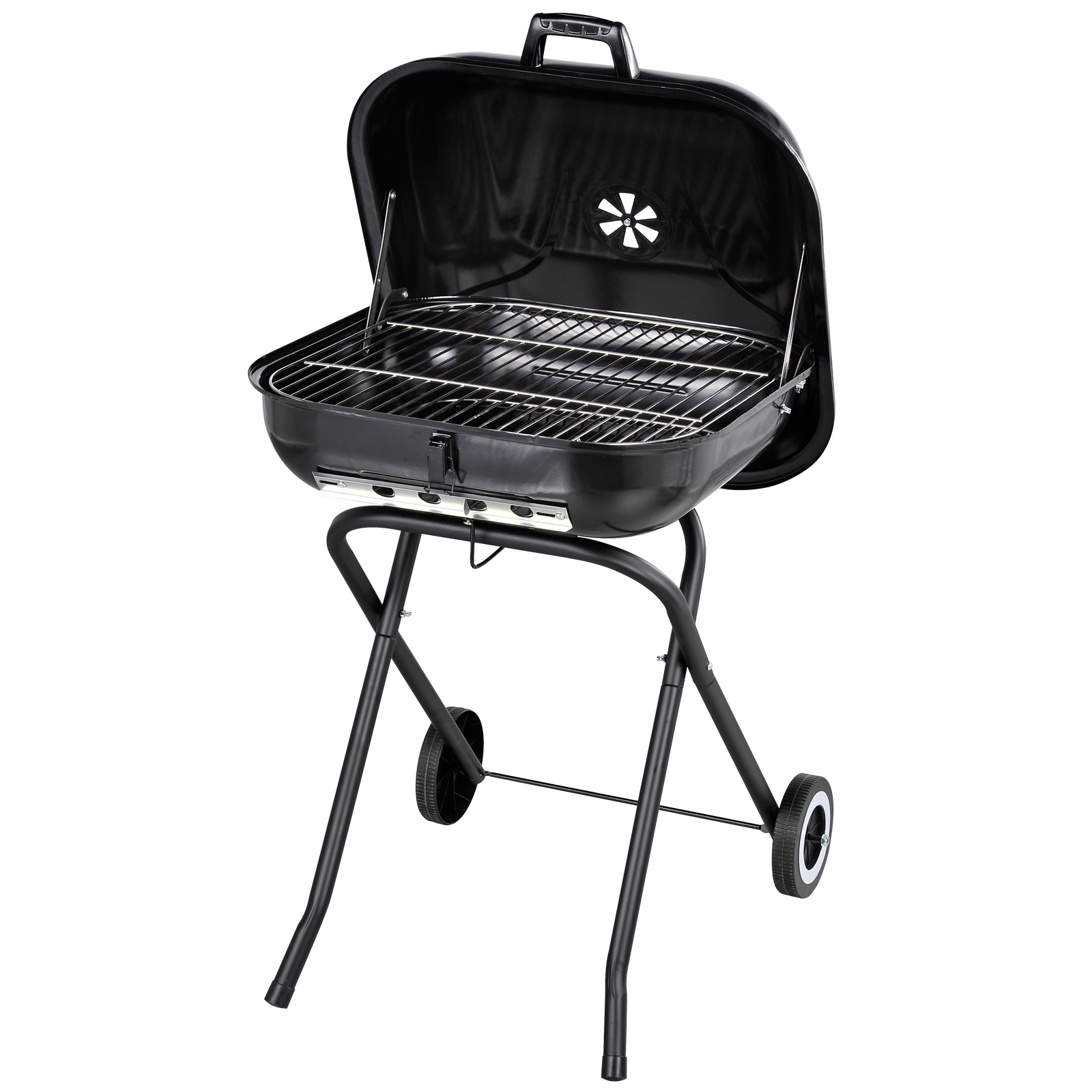 Barbecue à charbon pliable couvercle et roulettes acier émaillé noir Barbecue à charbon pliable couvercle et roulettes acier émaillé noir