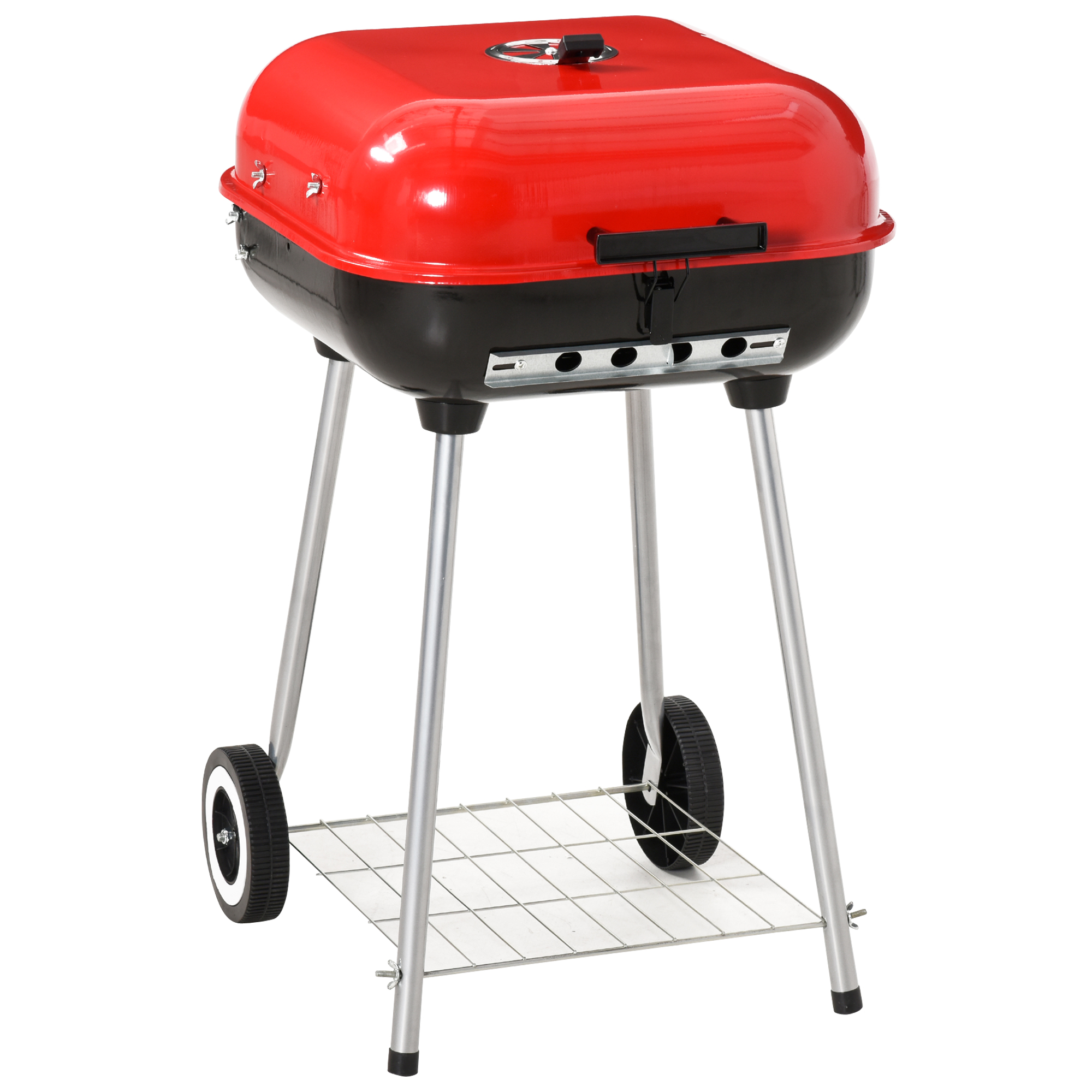 Barbecue à charbon avec couvercle et roulettes acier émaillé rouge Barbecue à charbon avec couvercle et roulettes acier émaillé rouge