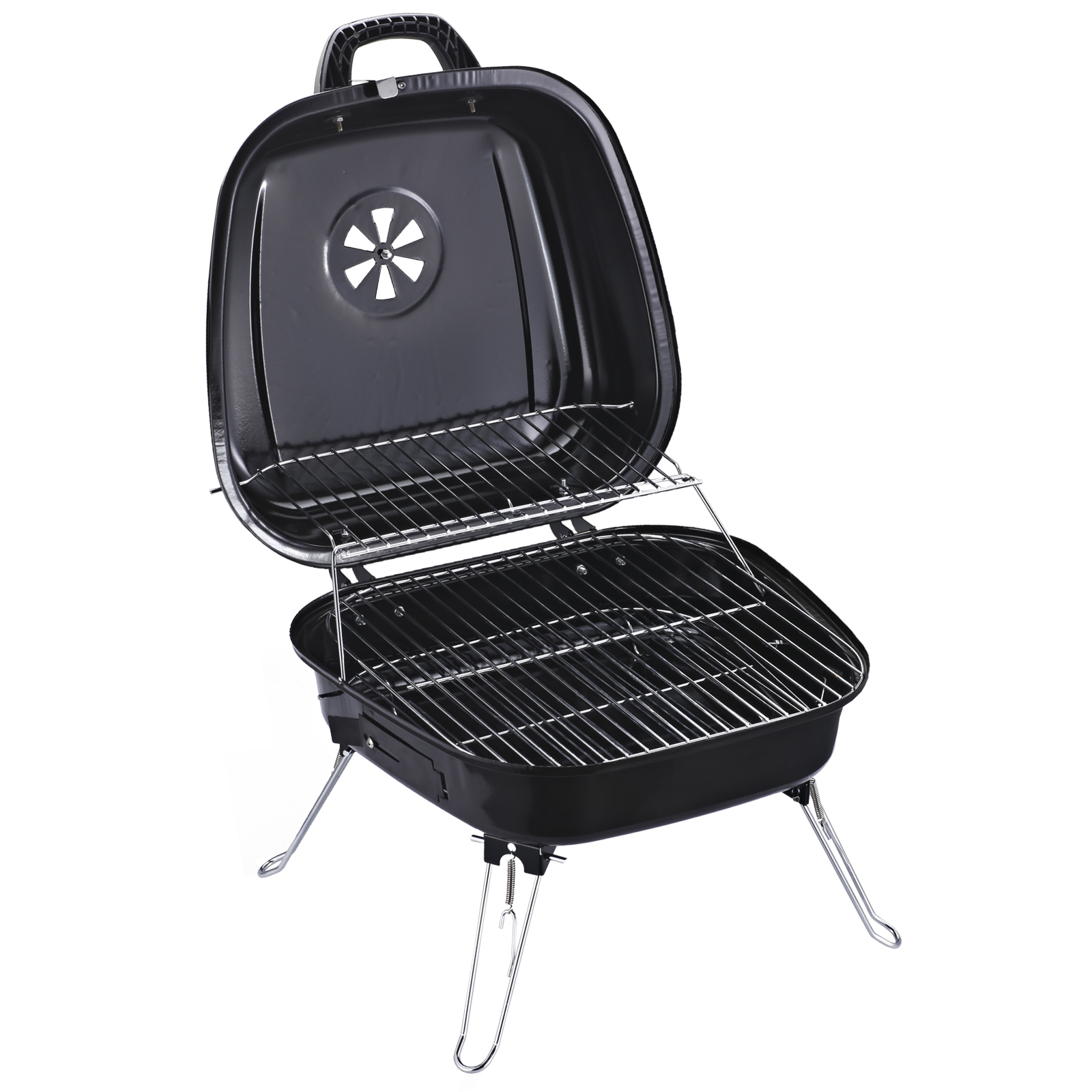 Barbecue à charbon pliable portable avec couvercle acier émaillé noir Barbecue à charbon pliable portable avec couvercle acier émaillé noir