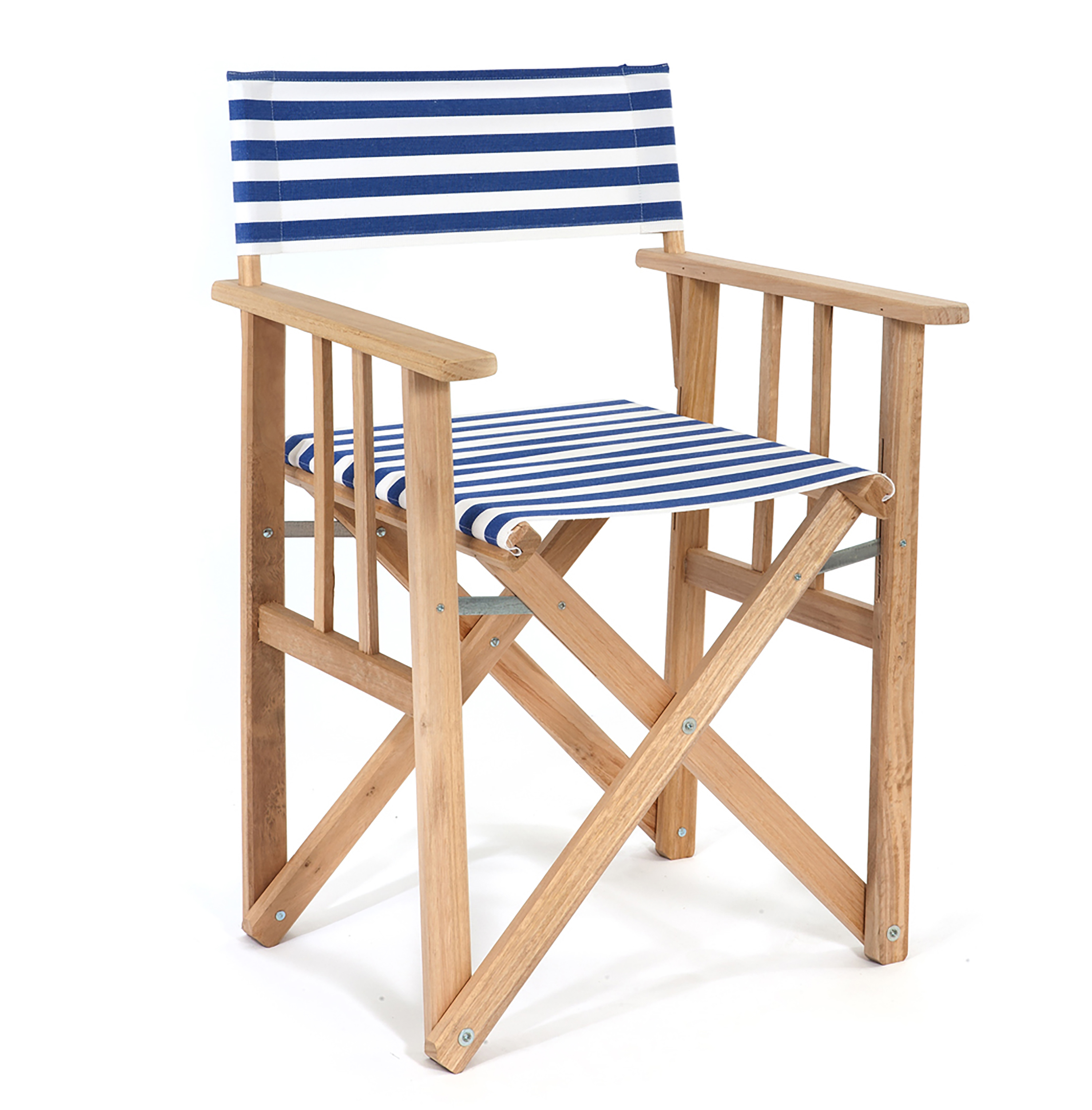 fauteuil de jardin en bois d'eucalyptus et toile rayée bleue