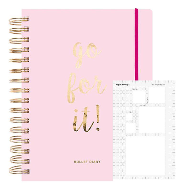 Agenda Bullet journal rose à spirales 96 feuilles + pochoir carré (photo) Agenda Bullet journal rose à spirales 96 feuilles + pochoir carré