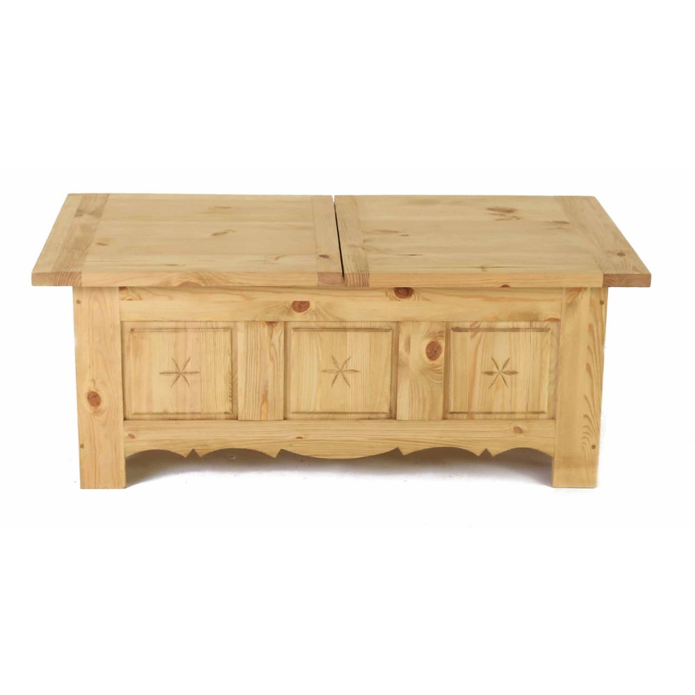 Table basse pin massif plateau coulissant sculpté