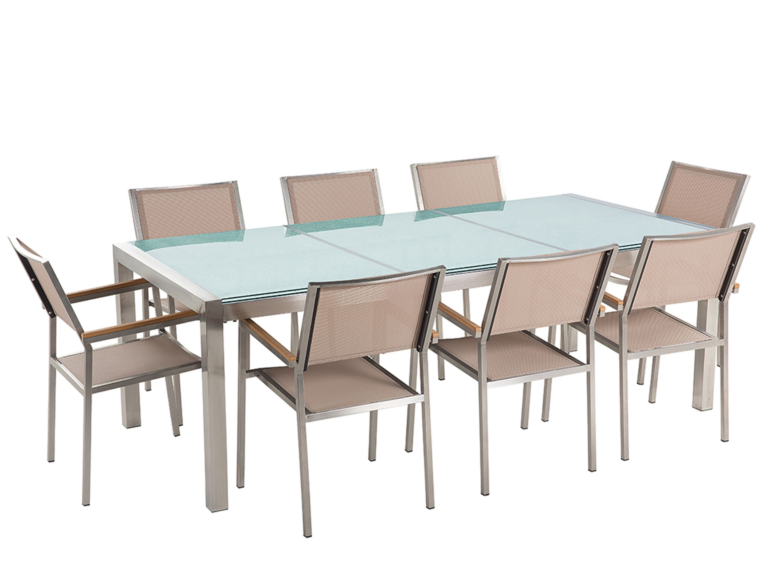 Ensemble de jardin table en verre 8 chaises beiges