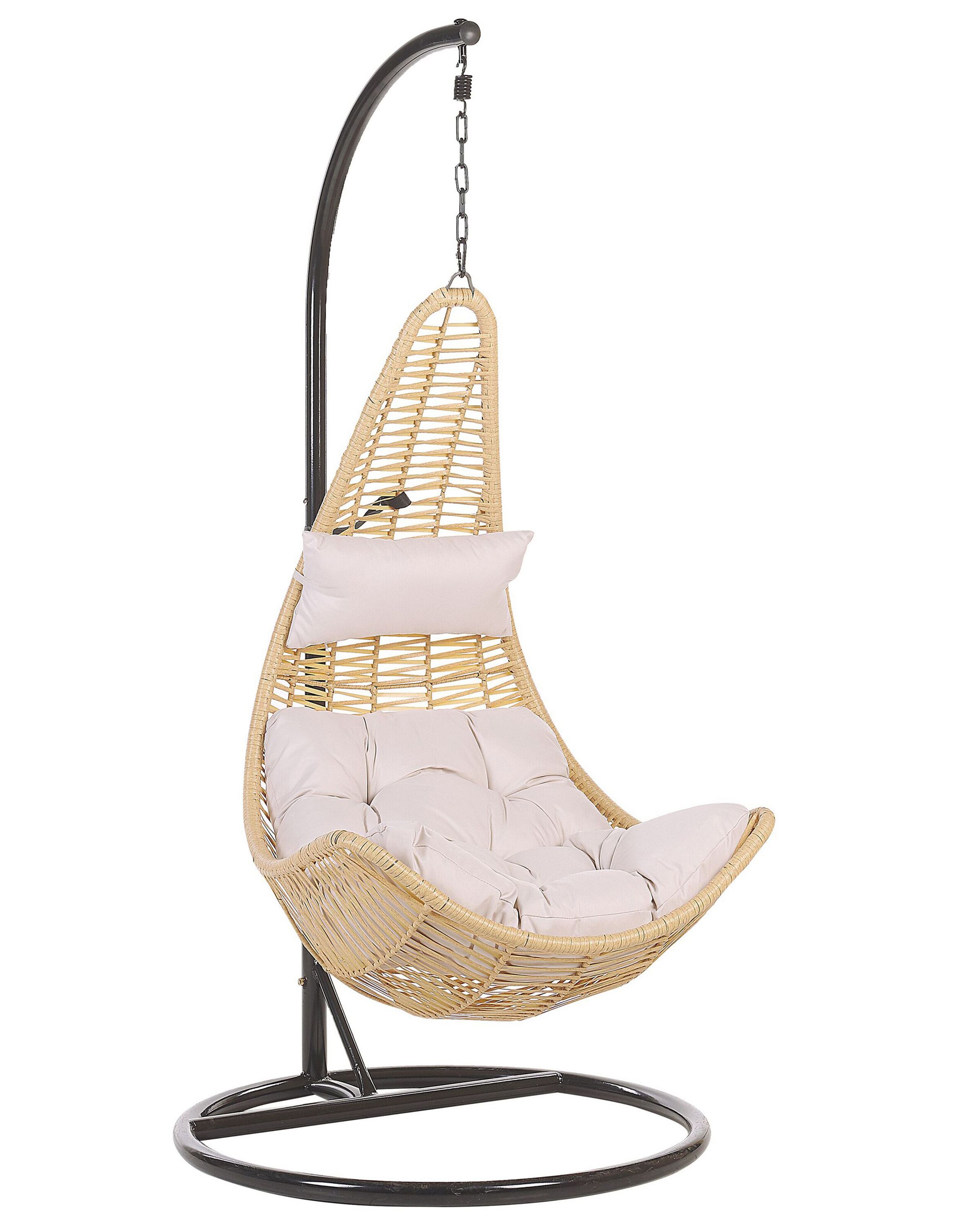 Fauteuil suspendu en rotin beige avec support