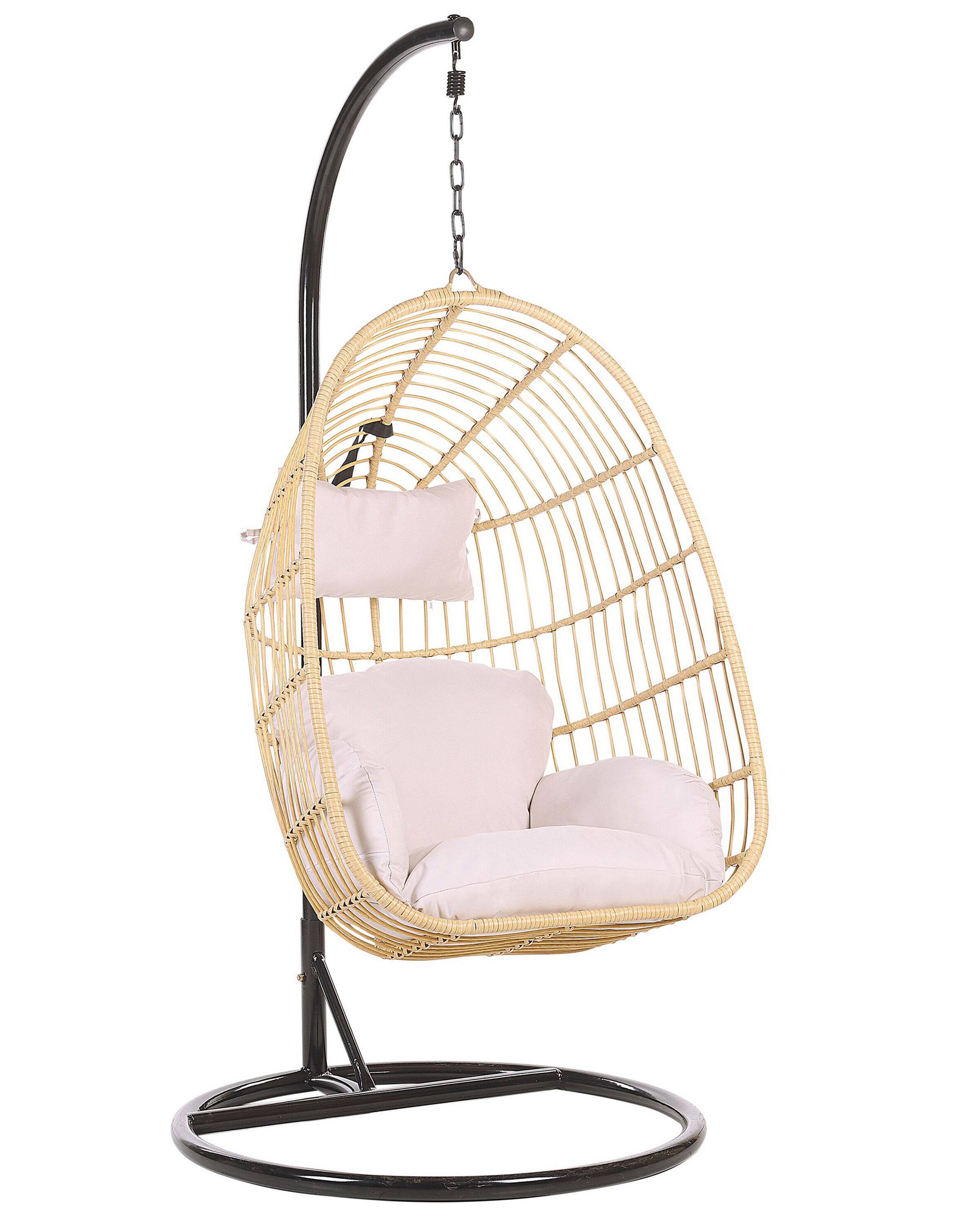 Fauteuil suspendu en rotin beige avec support