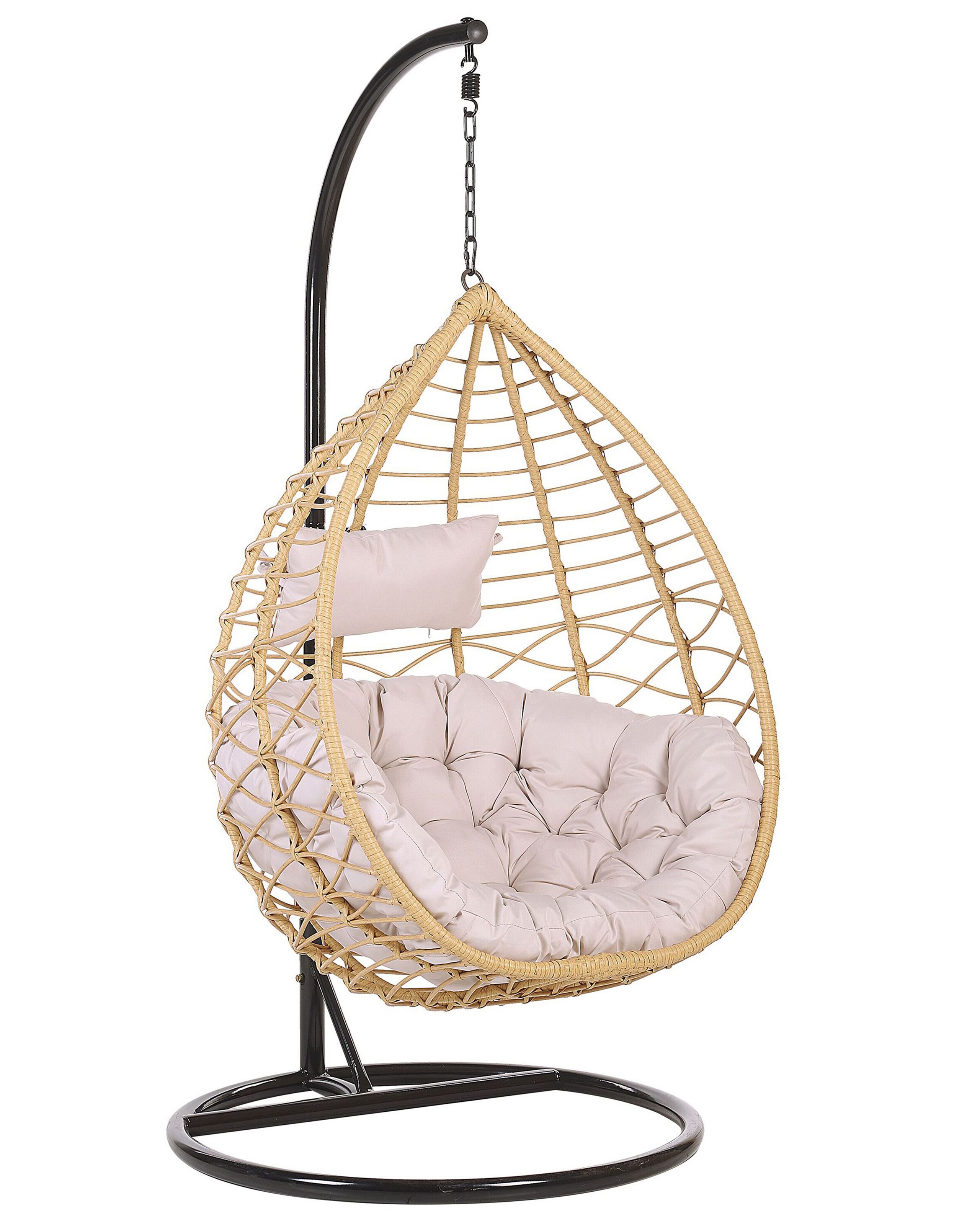 Fauteuil suspendu en rotin beige avec support