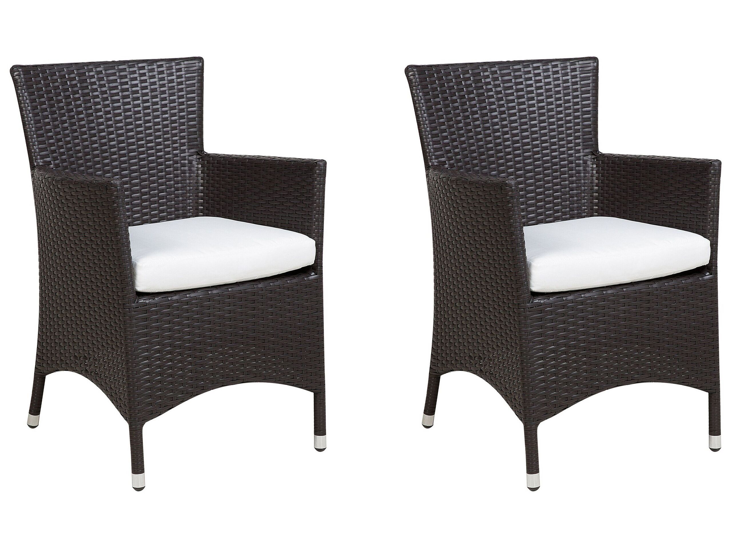 Lot de 2 fauteuils de jardin en rotin marron avec coussins blanc cassé (photo) Lot de 2 fauteuils de jardin en rotin marron avec coussins blanc cassé