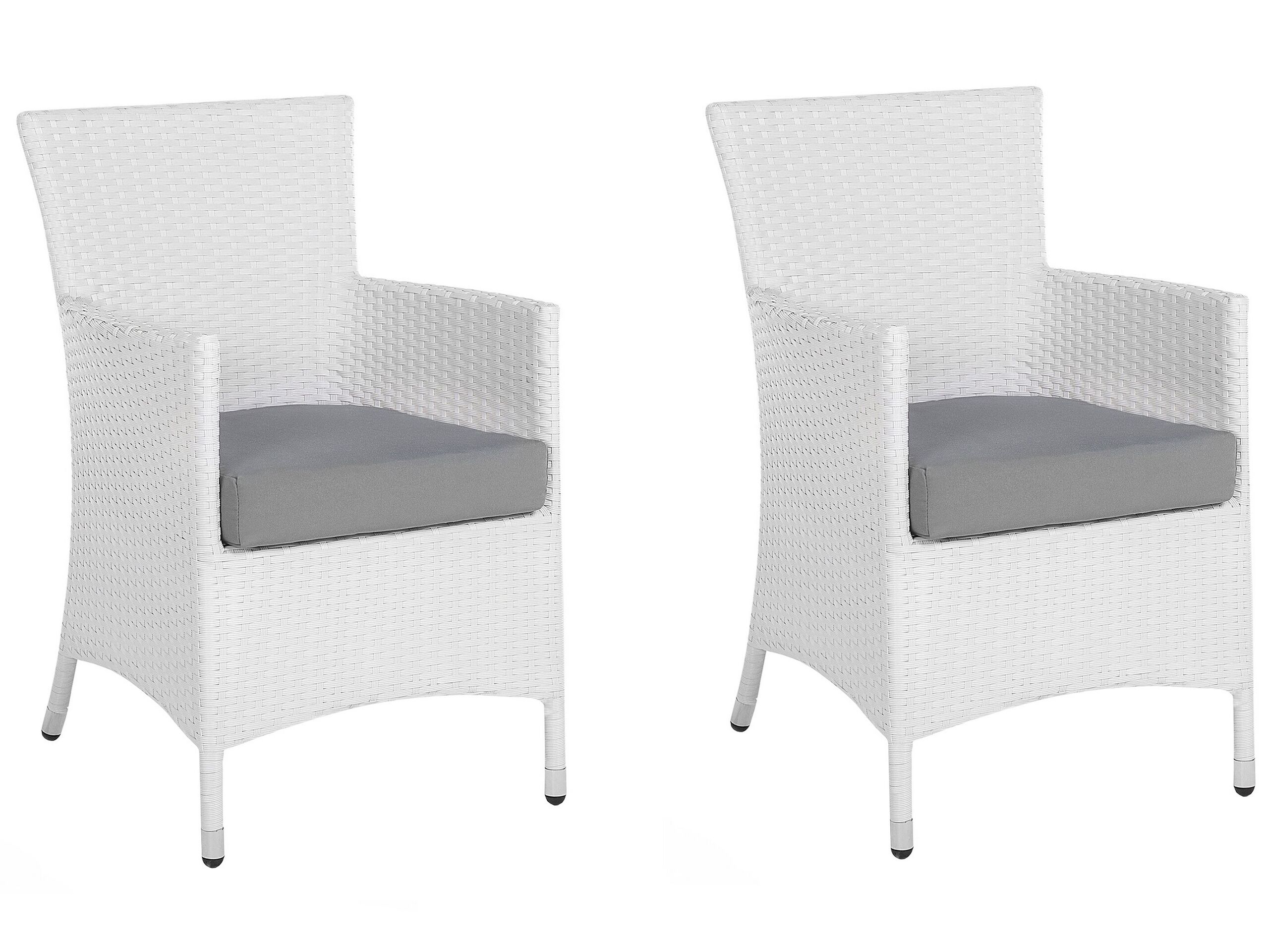Lot de 2 fauteuils de jardin en rotin blanc avec coussins gris (photo) Lot de 2 fauteuils de jardin en rotin blanc avec coussins gris