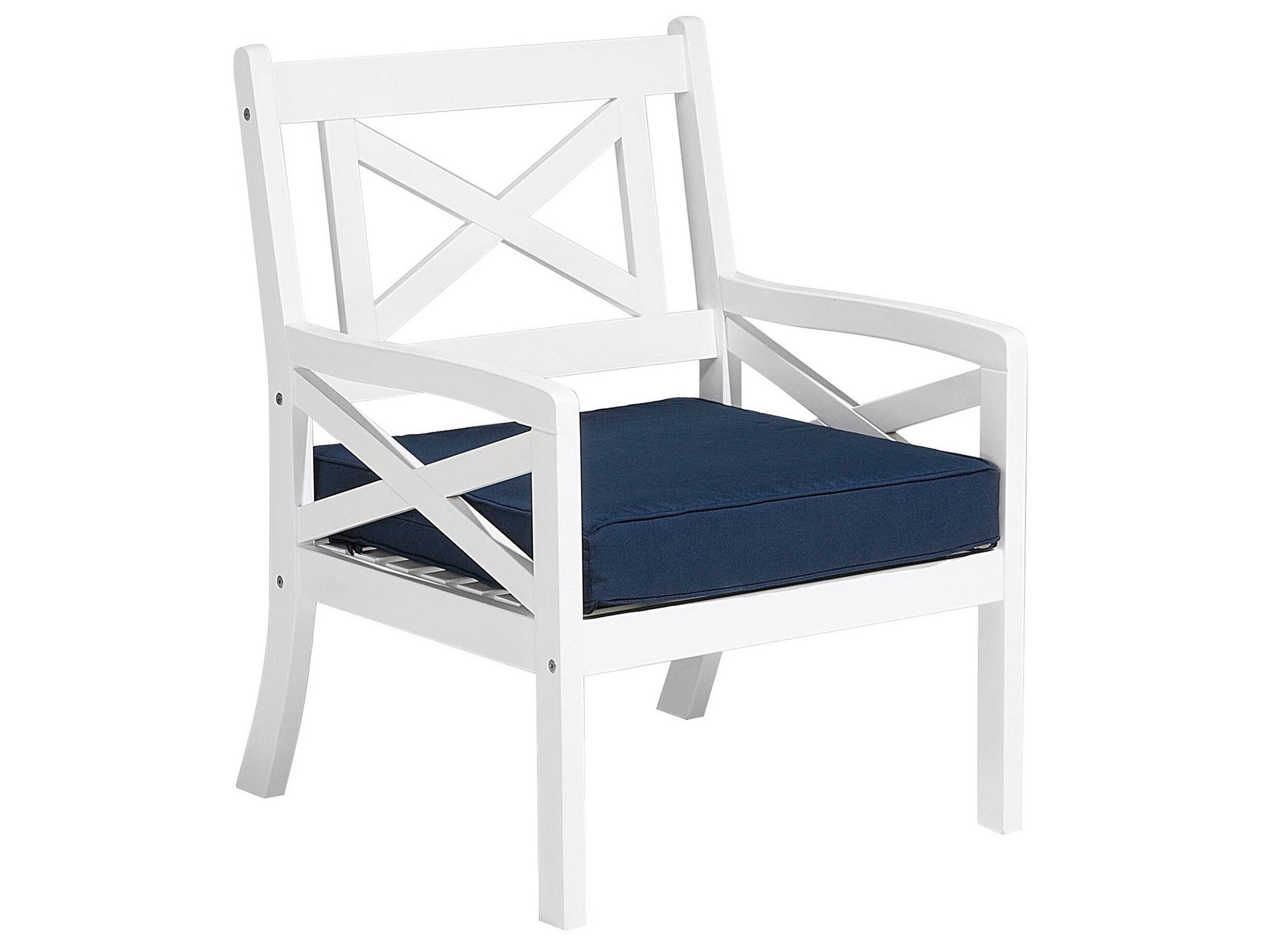 chaise de jardin blanche avec coussin bleu marine