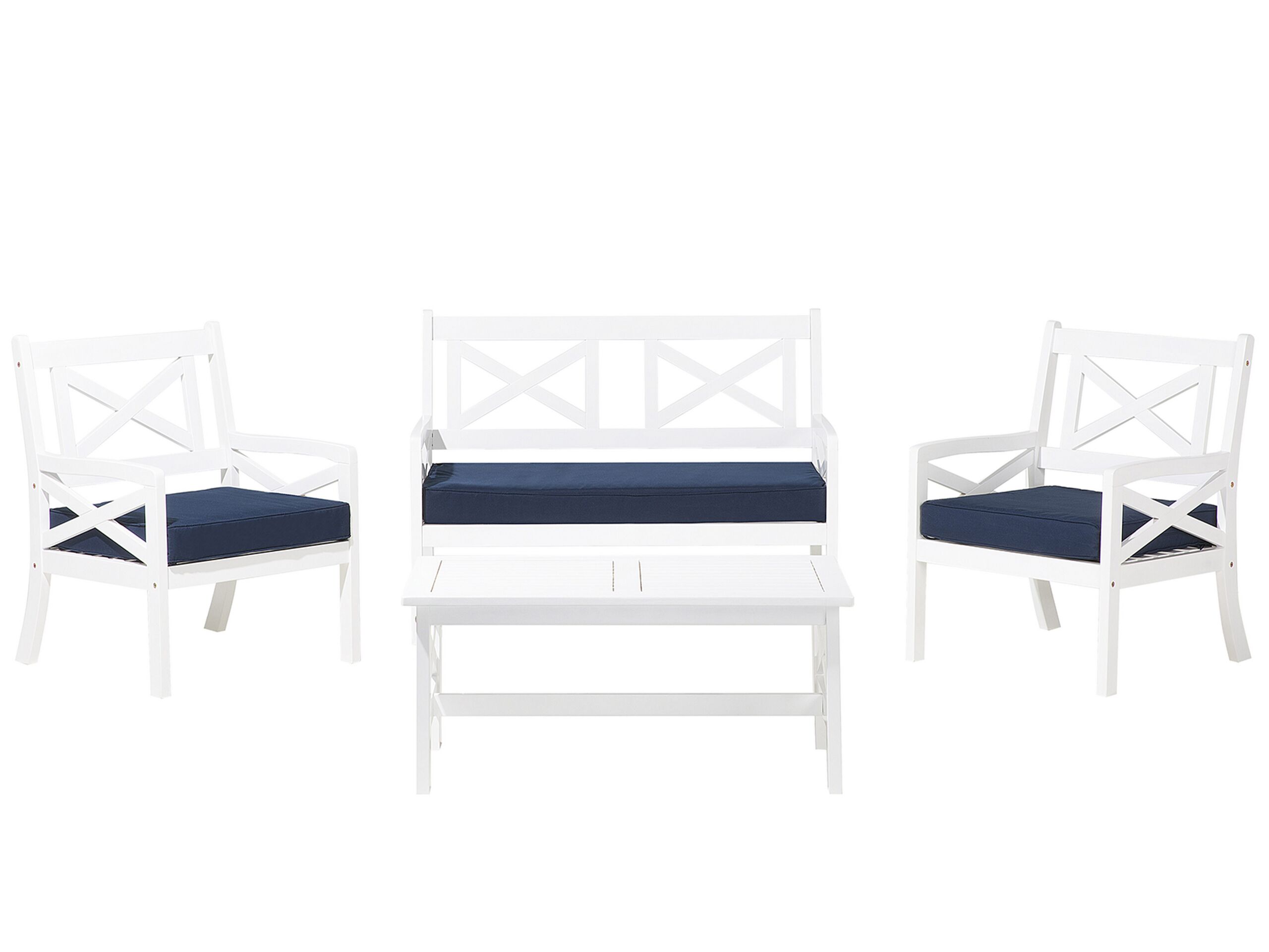 Salon de jardin en bois blanc avec coussins bleu marine