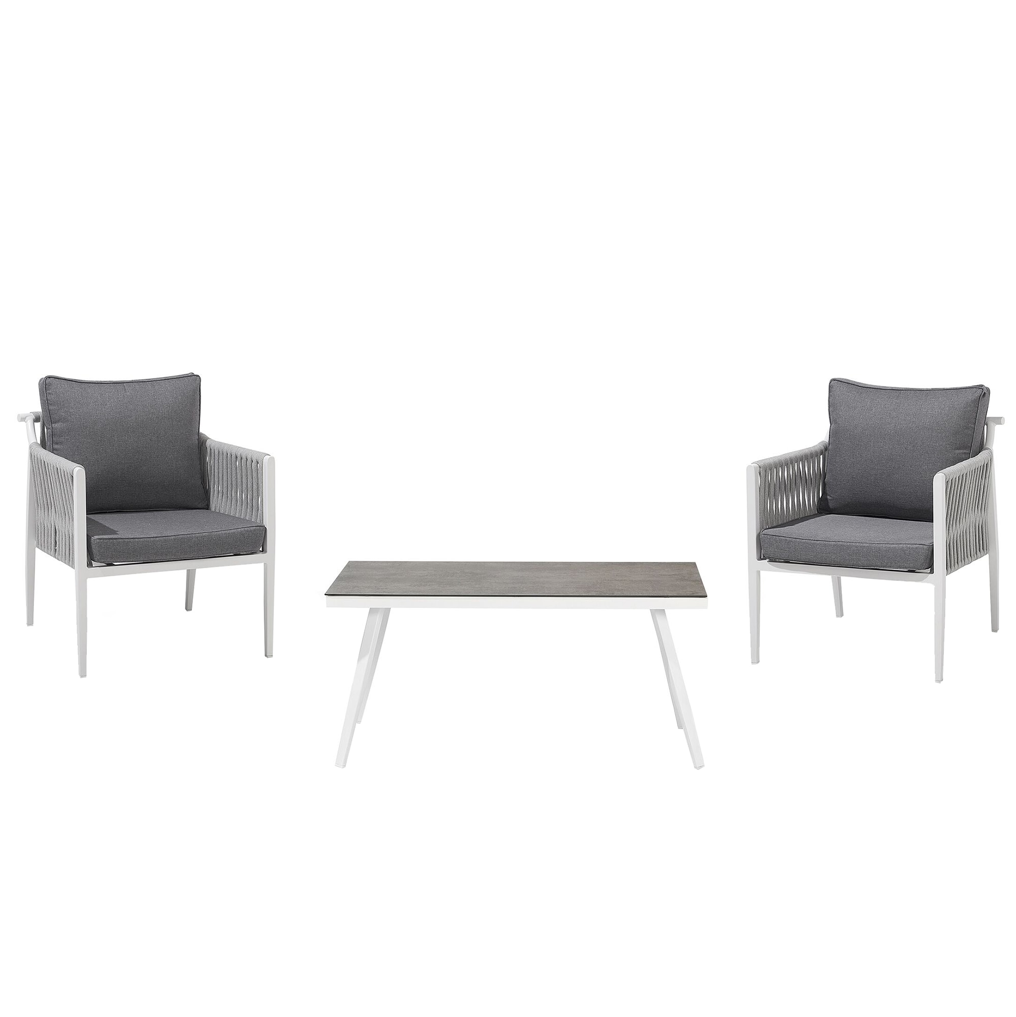 Salon de jardin 2 personnes en aluminium blanc coussins gris