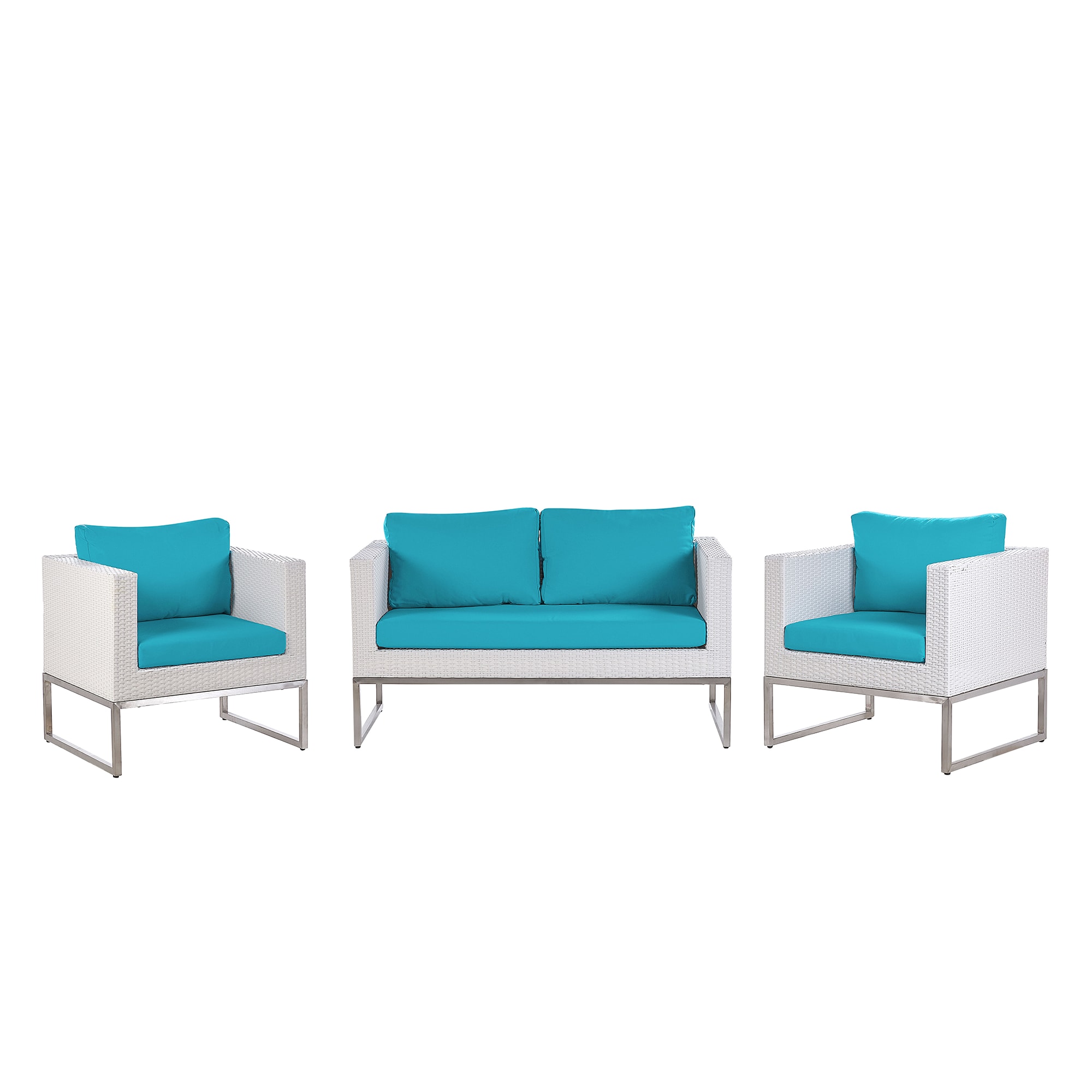 Salon de jardin 4 places en rotin blanc avec coussins bleus