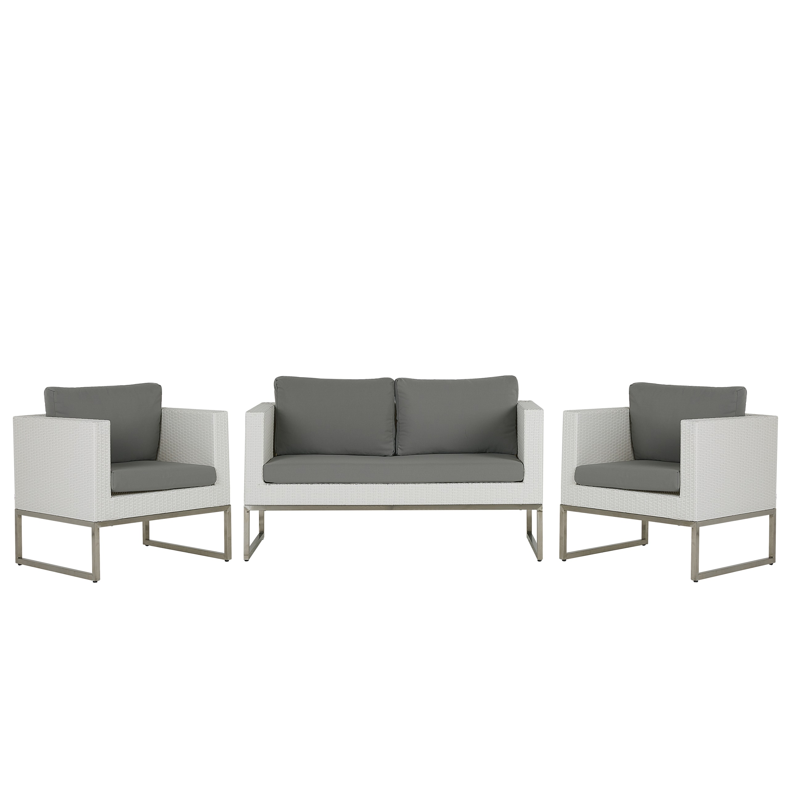 Salon de jardin 4 places en rotin blanc avec coussins gris