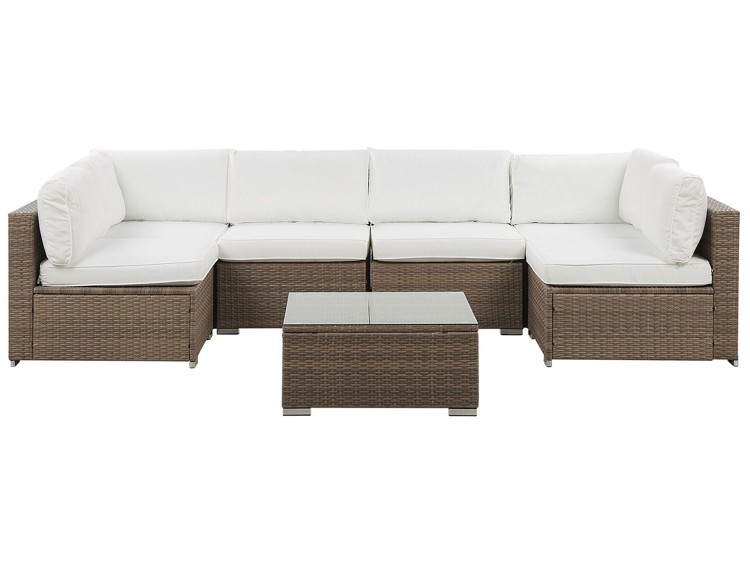 Salon de jardin 6 places en rotin marron coussins blancs
