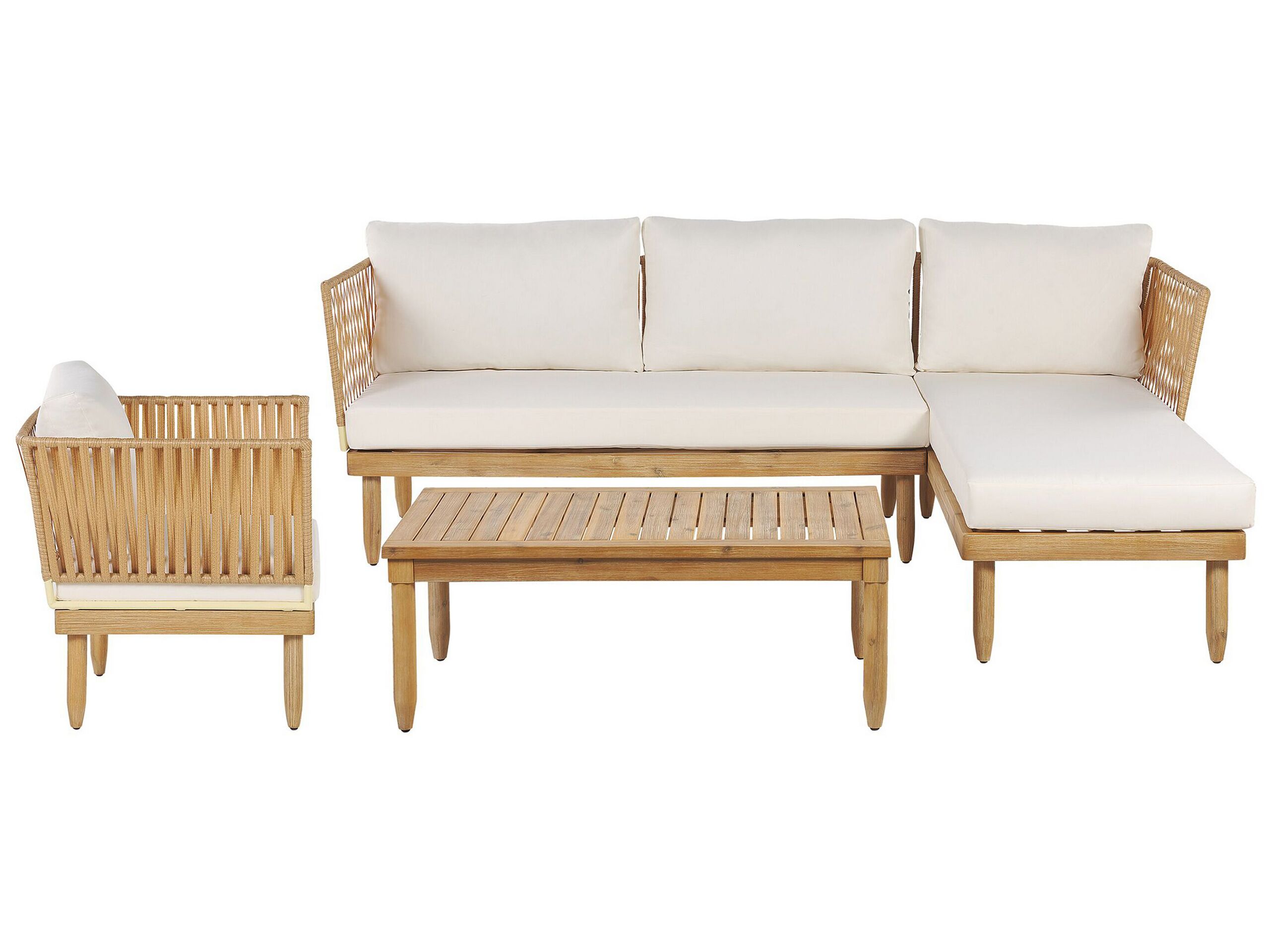 Salon de jardin 4 places en bois avec coussins blanc cassé
