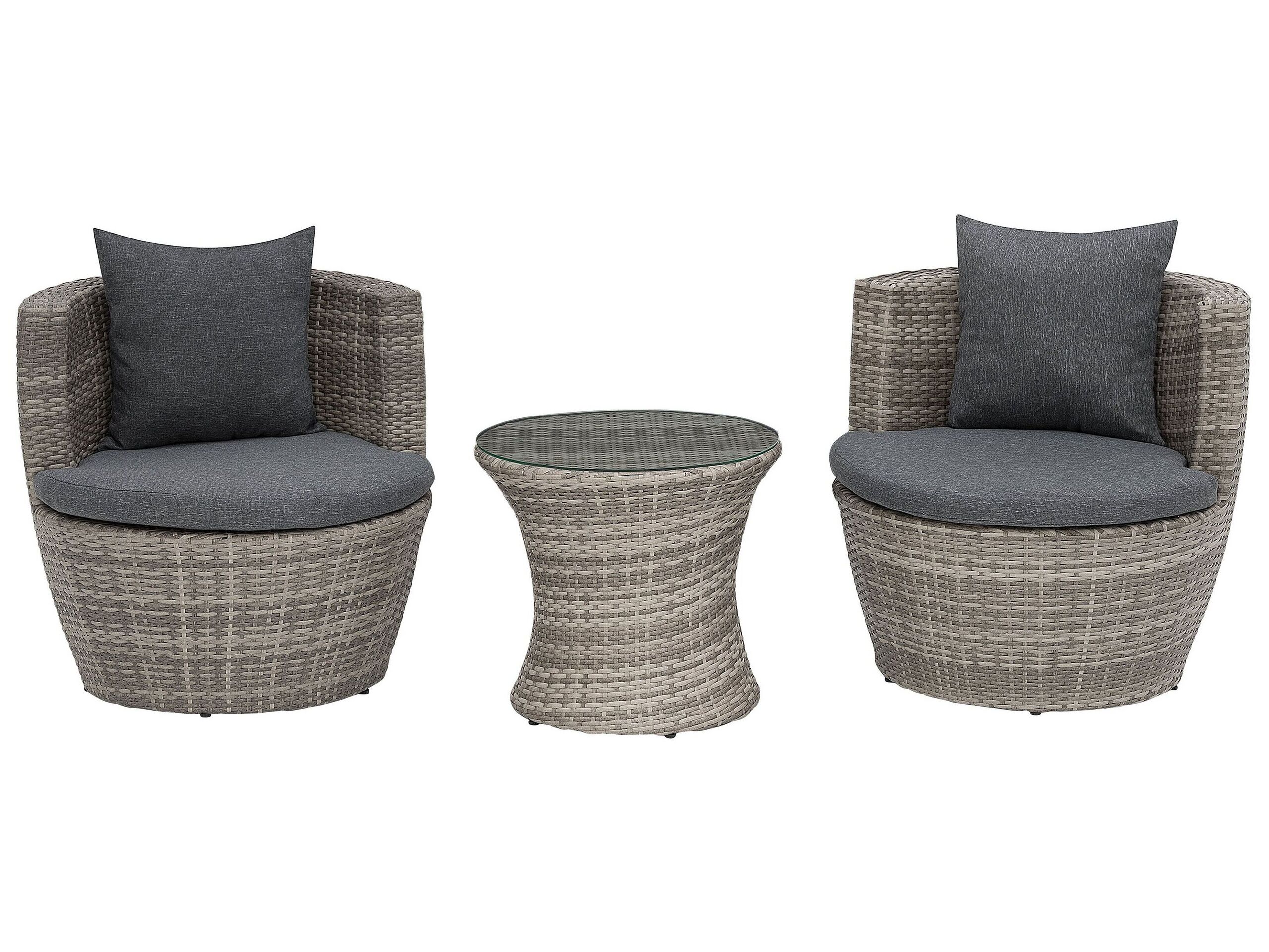 Set de jardin table et 2 fauteuils en rotin gris