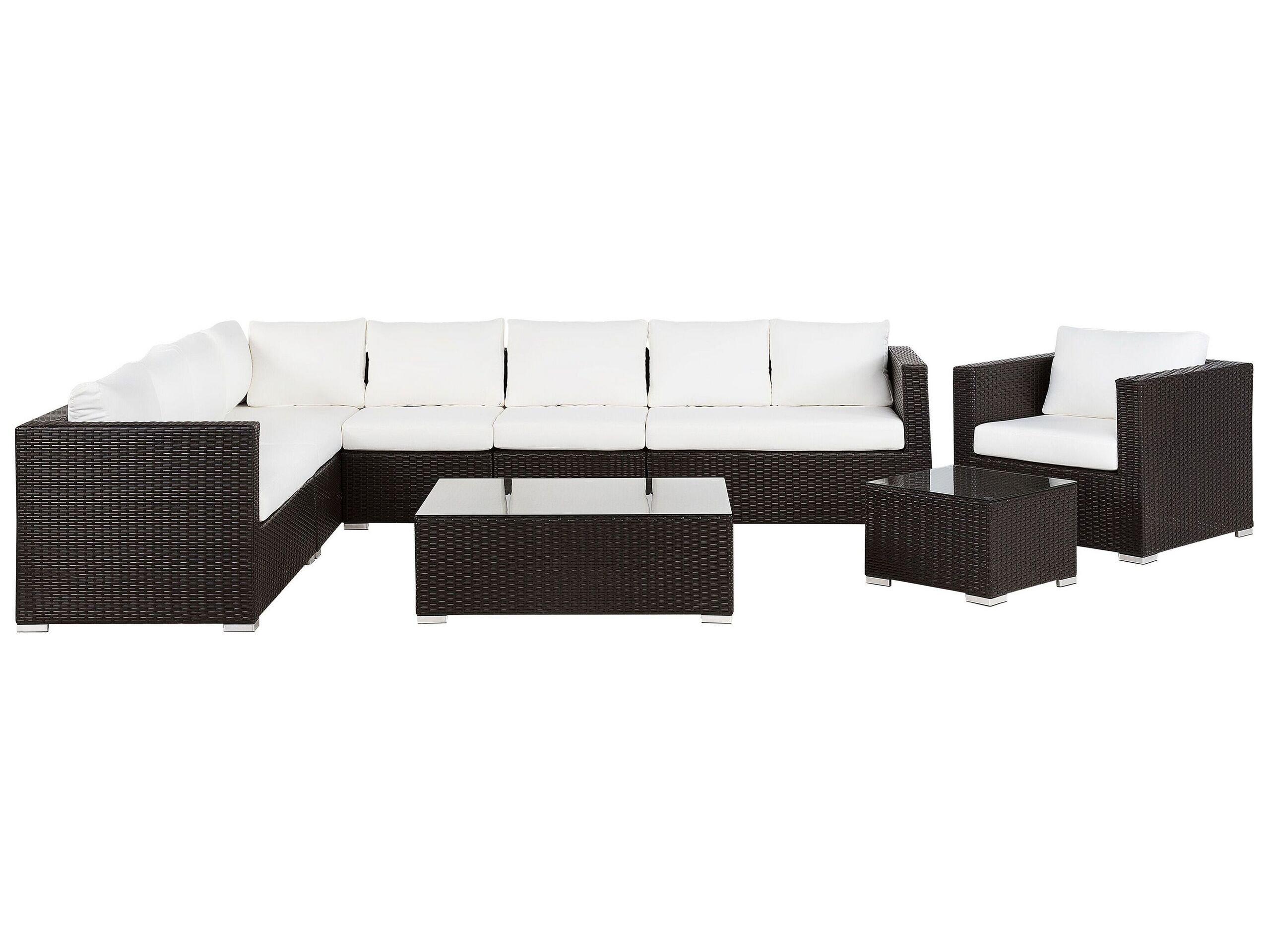 Salon de jardin en rotin marron coussins beiges
