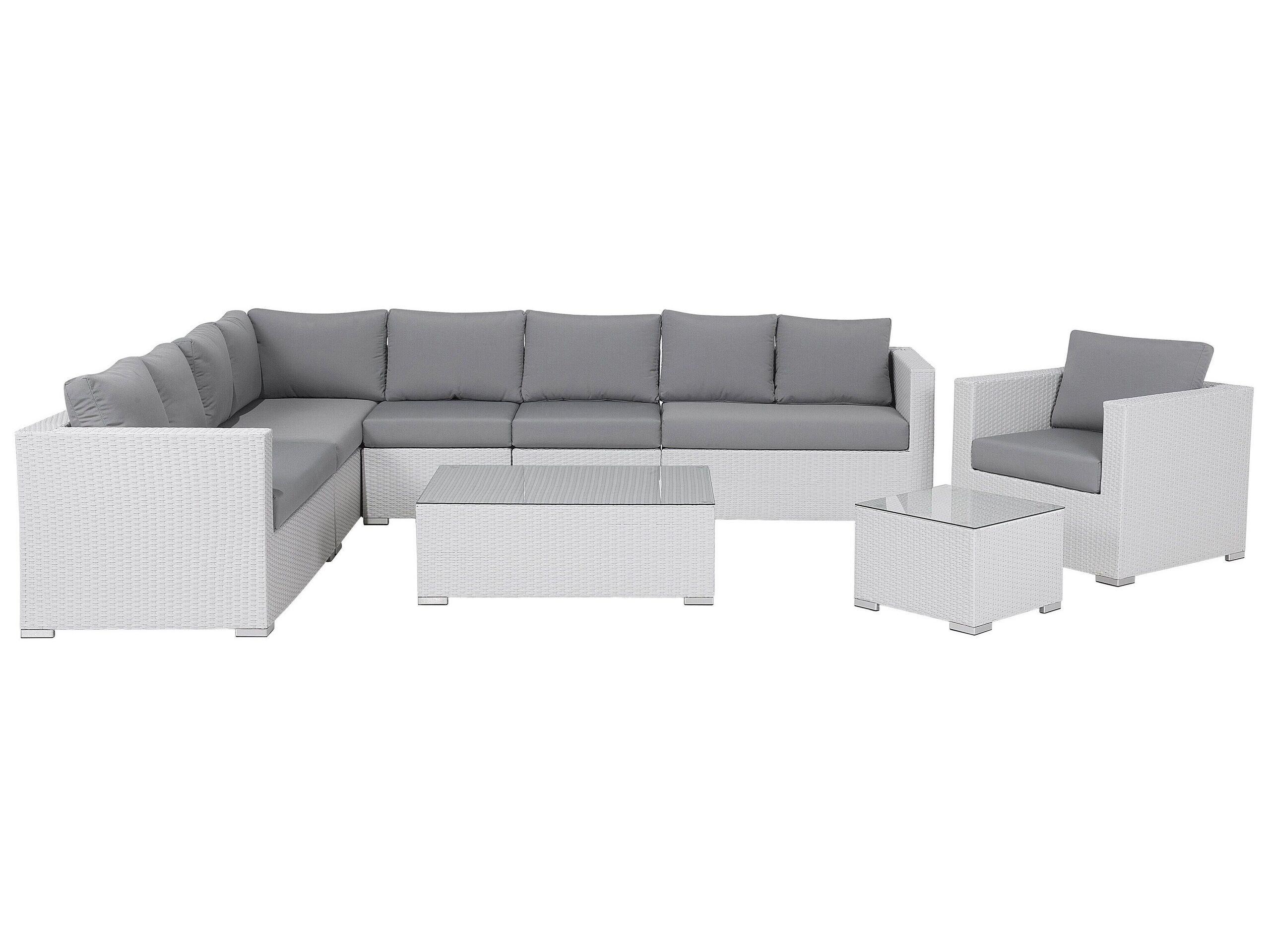Salon de jardin en rotin blanc et coussins gris