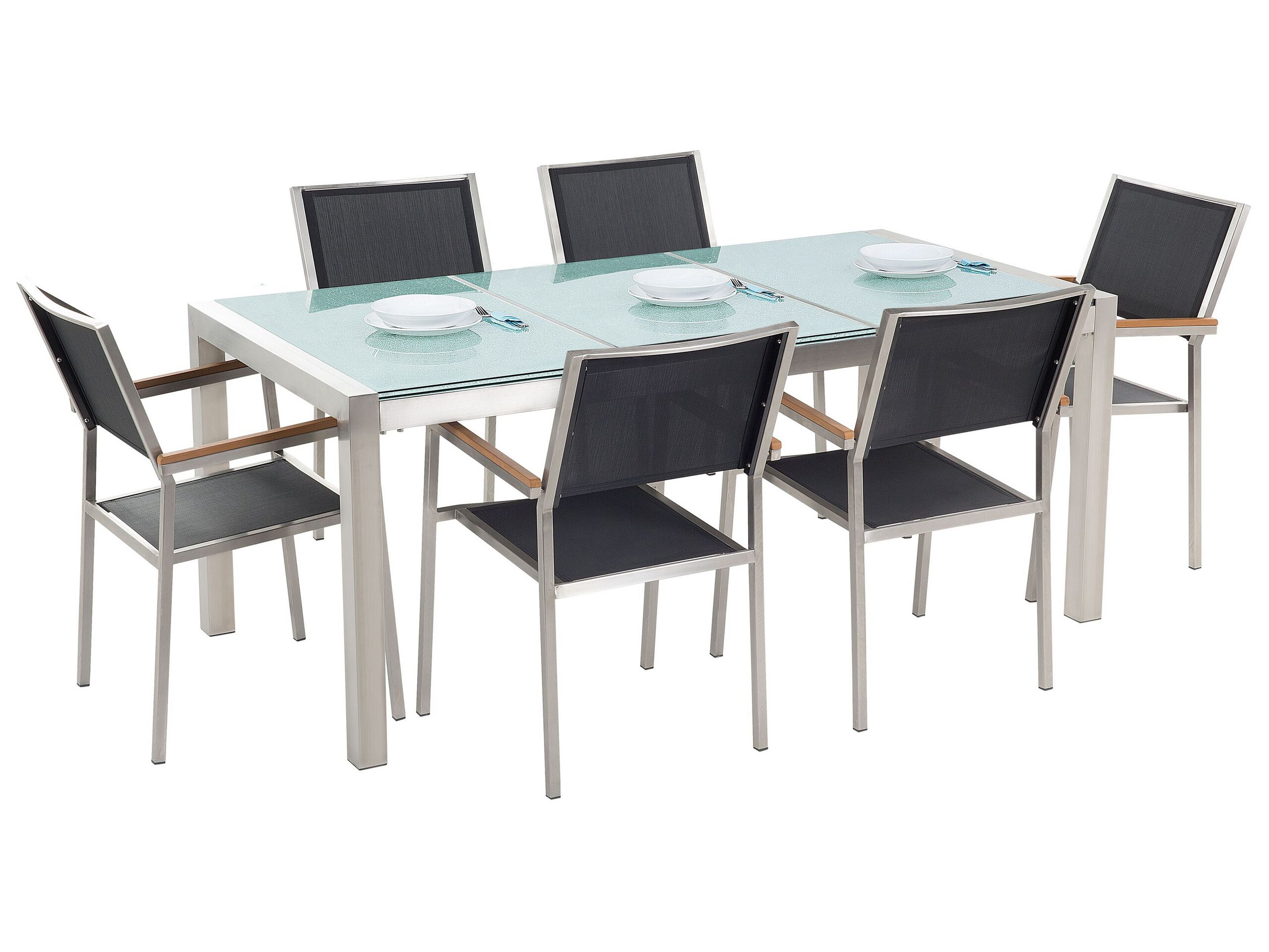 Set de jardin plateau en verre et 6 chaises noires 180 cm