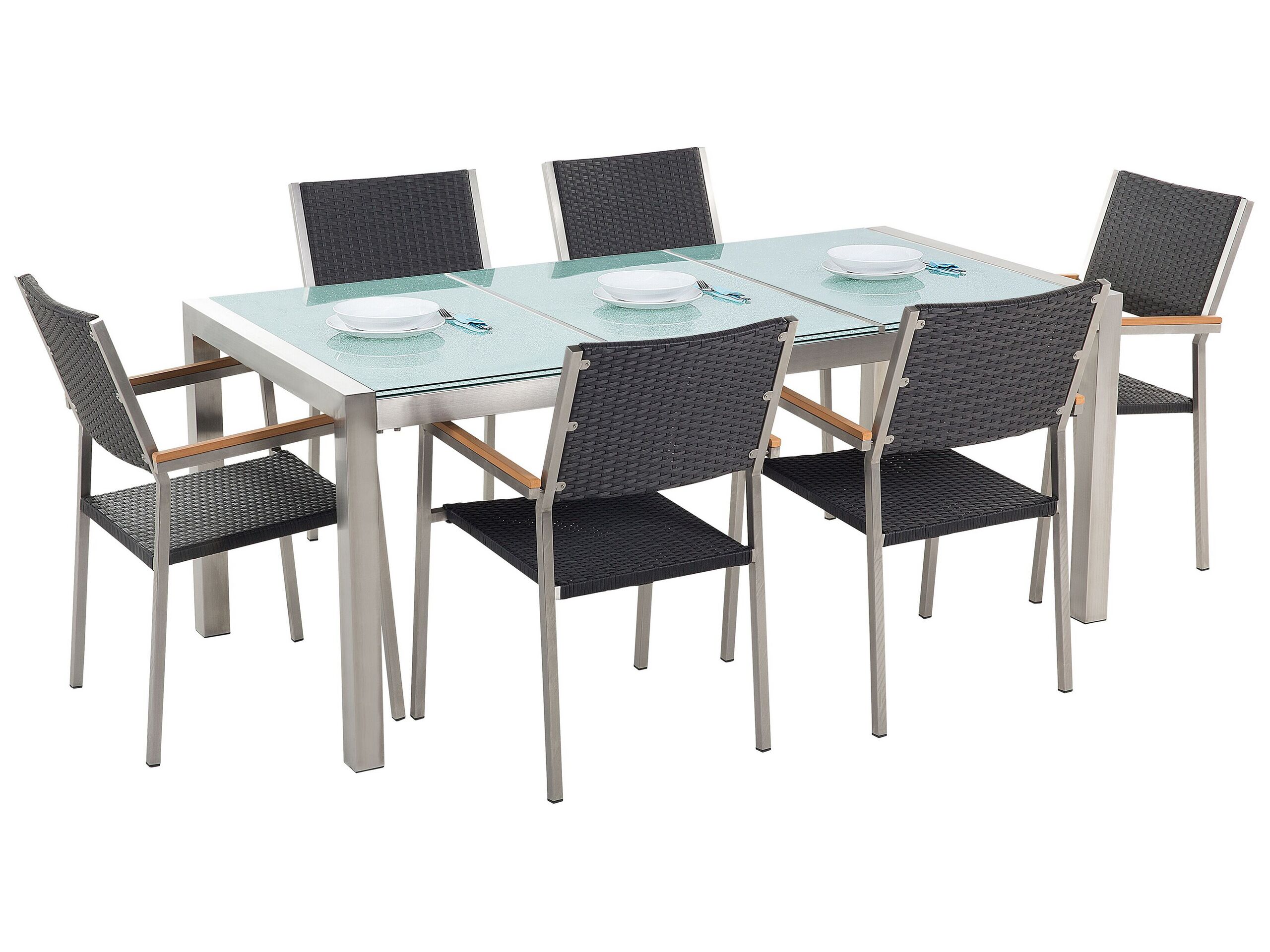 Set de jardin en rotin avec plateau en verre et 6 chaises 180 cm