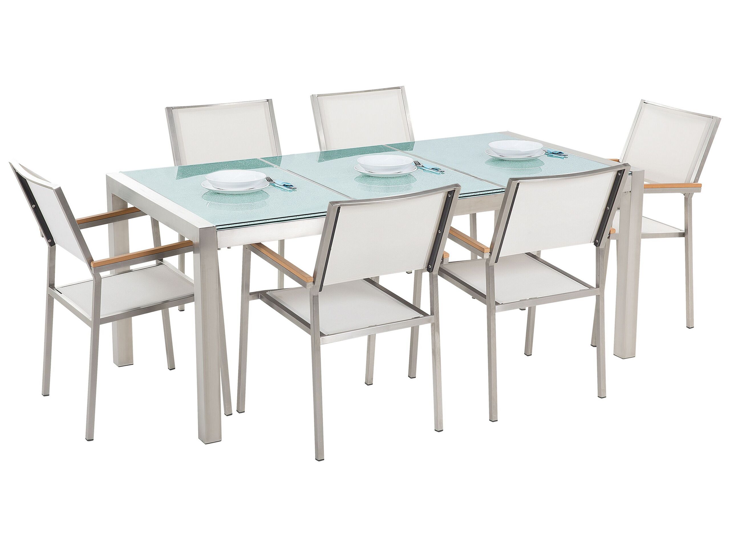 Set de jardin plateau en verre avec 6 chaises blanches 180 cm