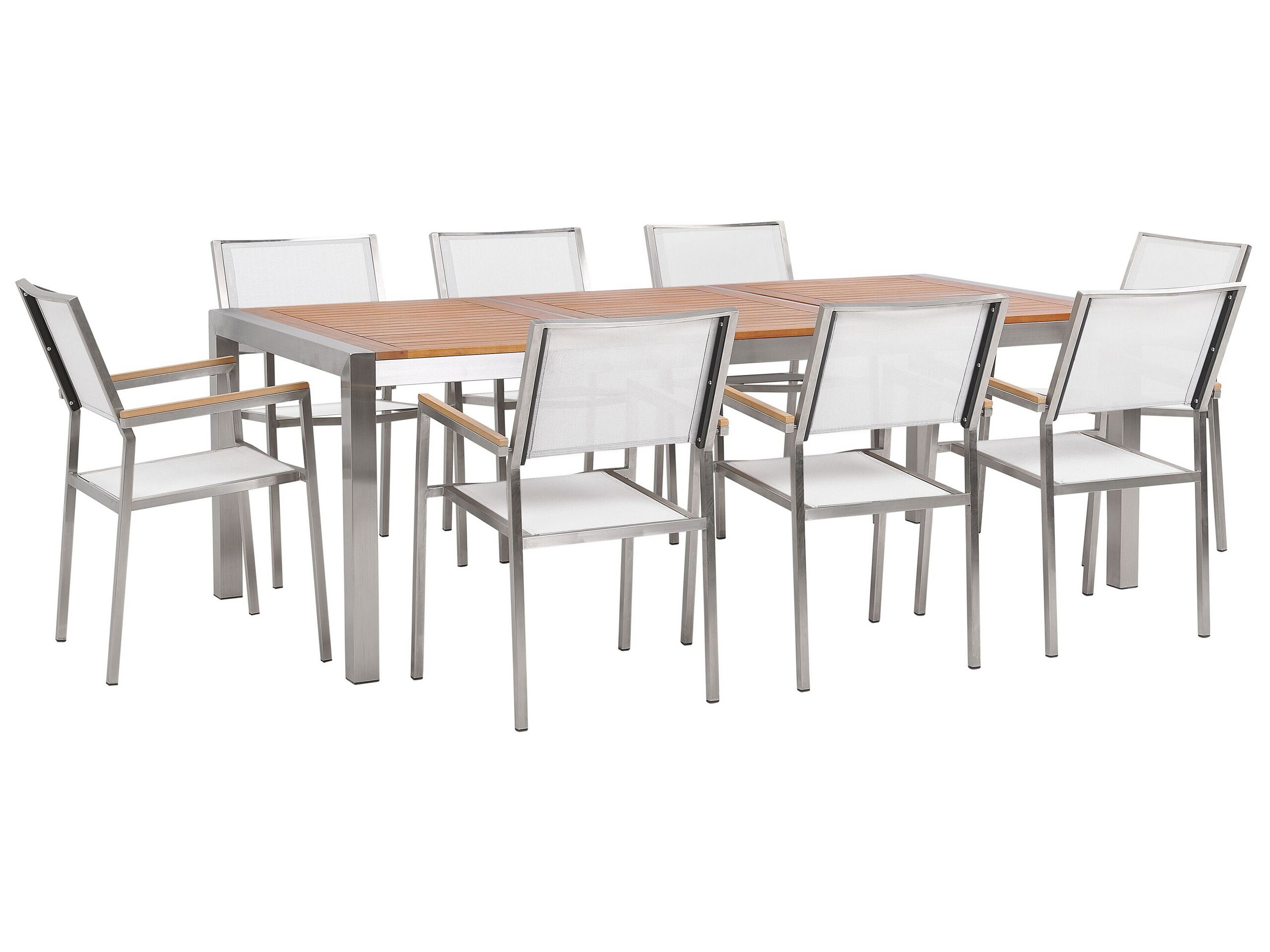 Table de jardin plateau bois eucalyptus 220 cm et 8 chaises blanches