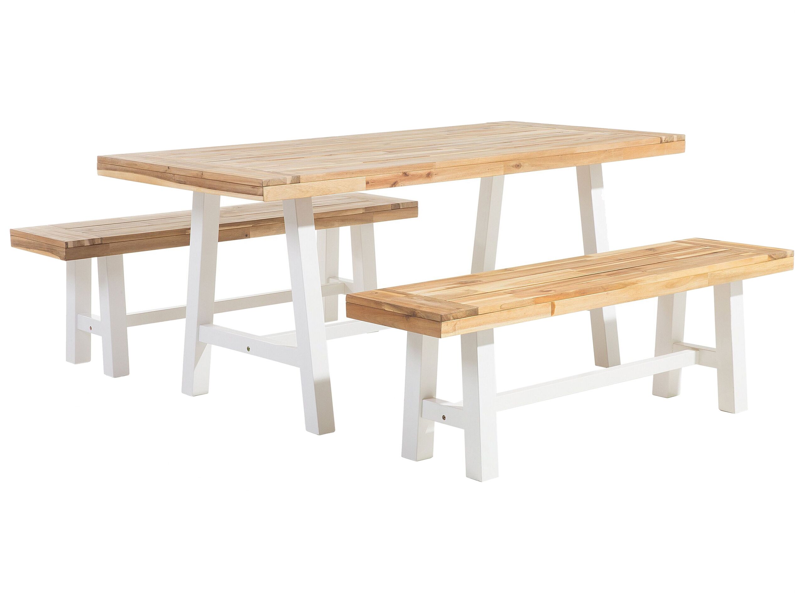 Set de jardin table et bancs en bois avec pieds blancs