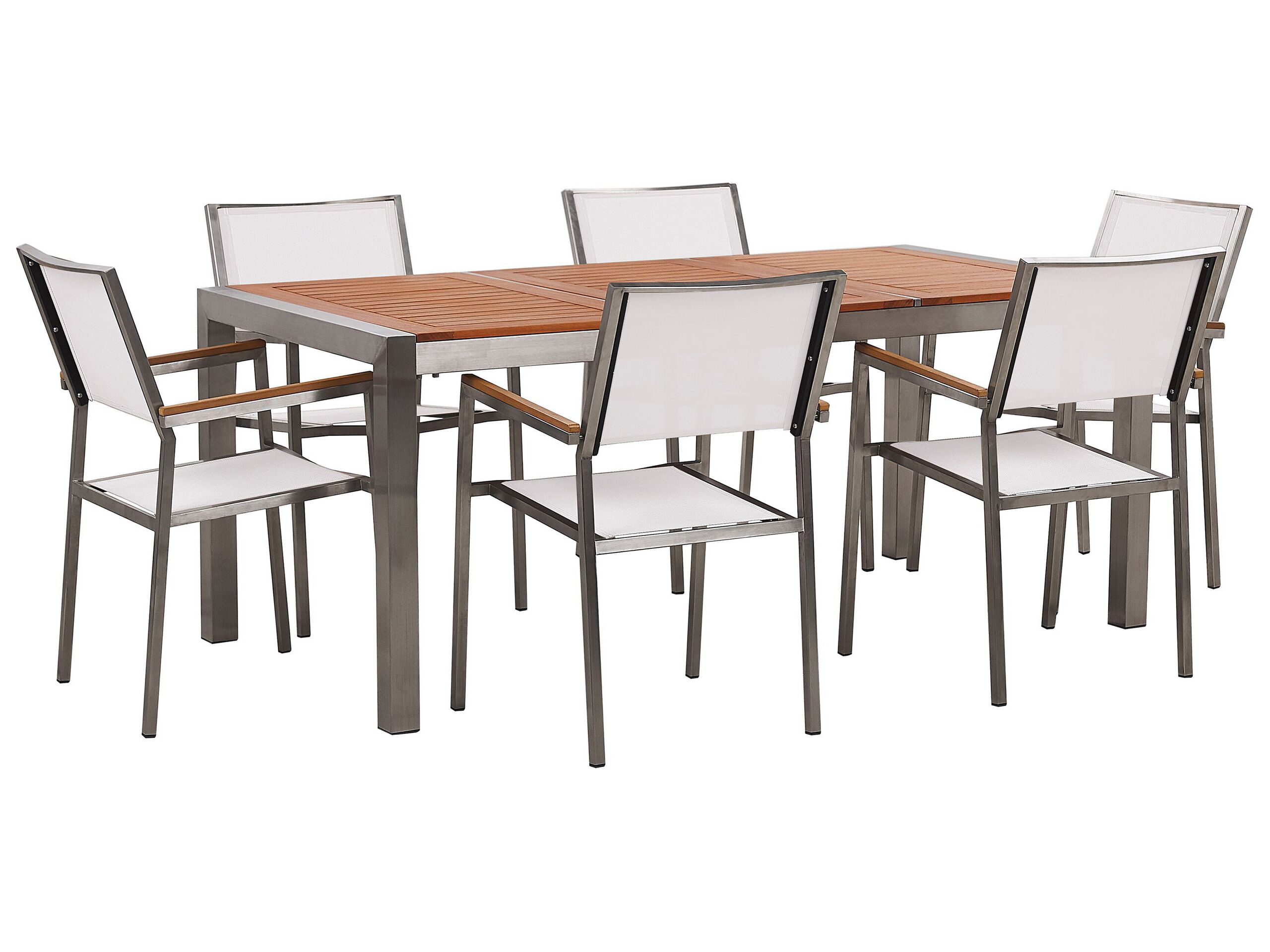 Table de jardin plateau bois eucalyptus 180 cm et 6 chaises blanches