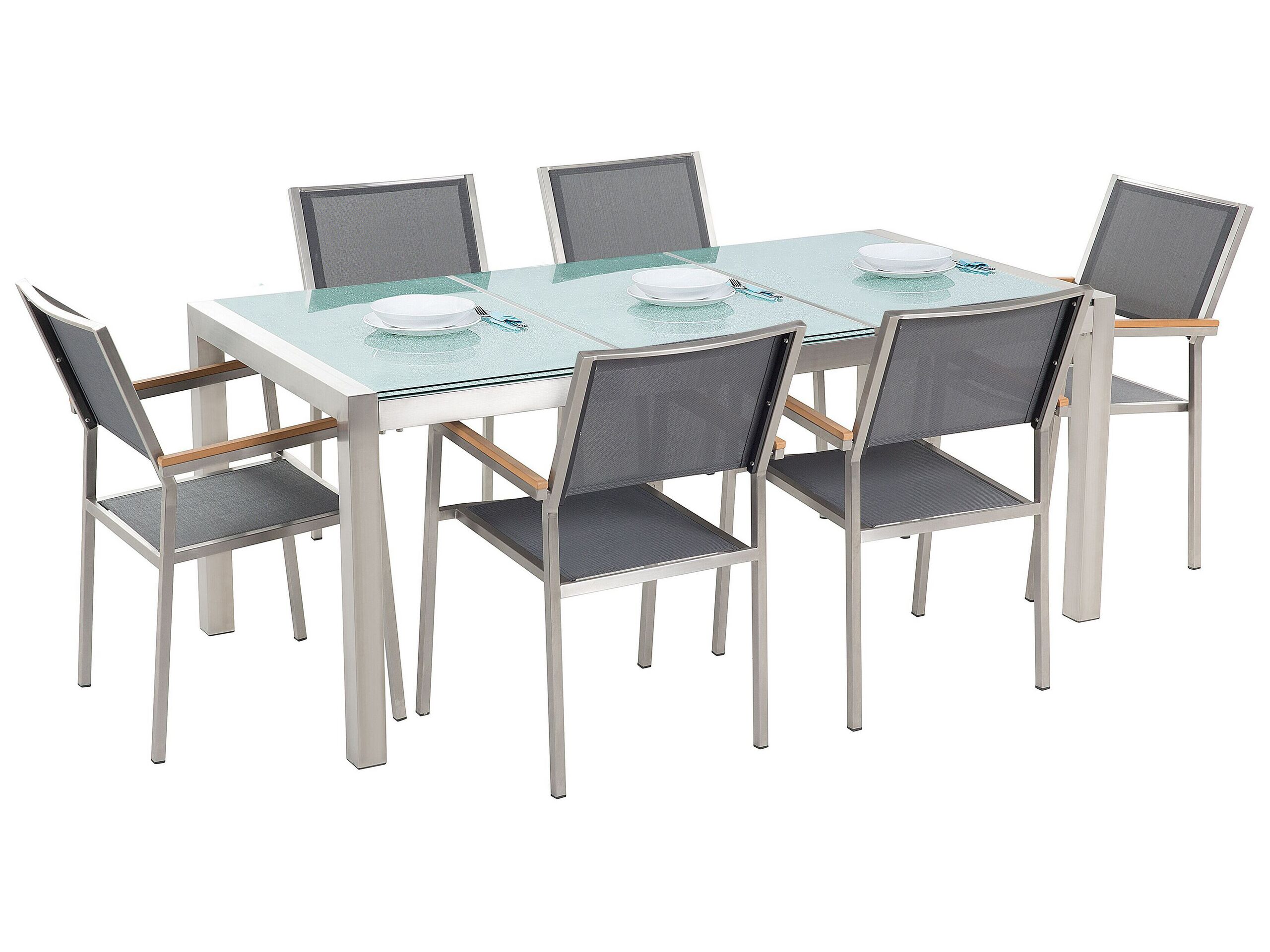 Set de jardin avec 6 chaises grises plateau en verre 180 cm
