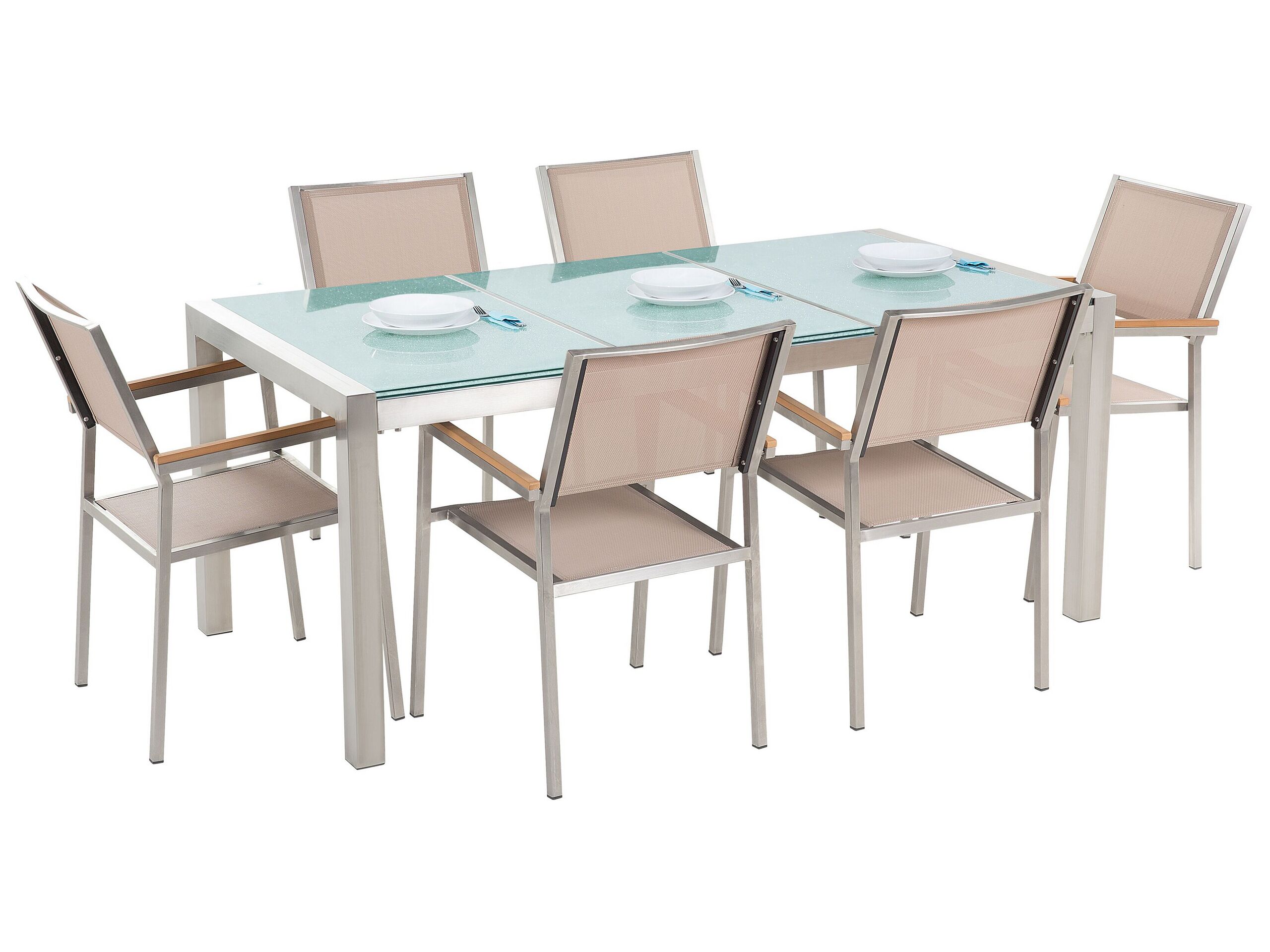 Set de jardin avec plateau en verre beige 6 personnes 180 cm