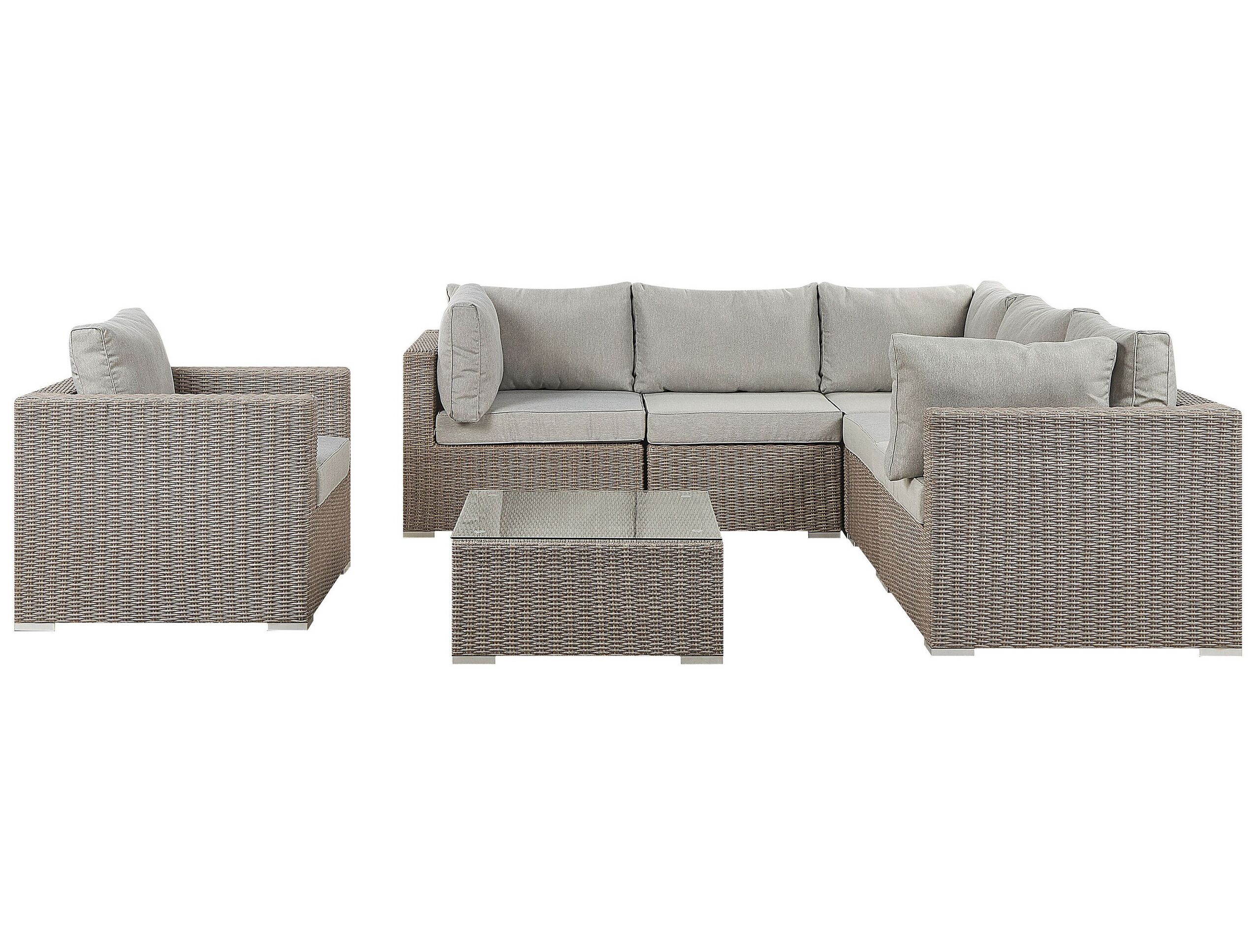 Salon de jardin 6 places en rotin taupe coussins gris clair