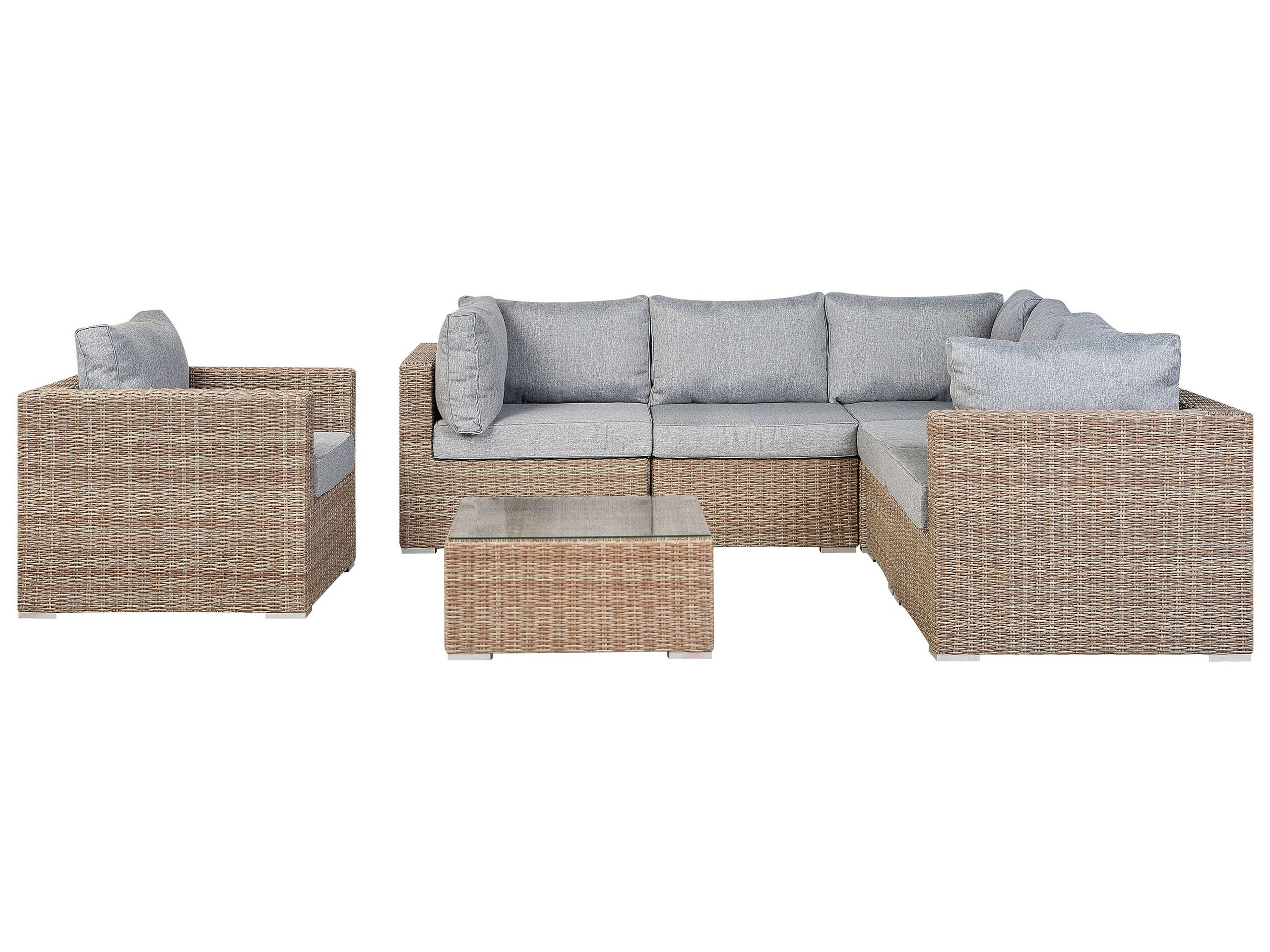 Salon de jardin 6 places en rotin marron coussins gris clair