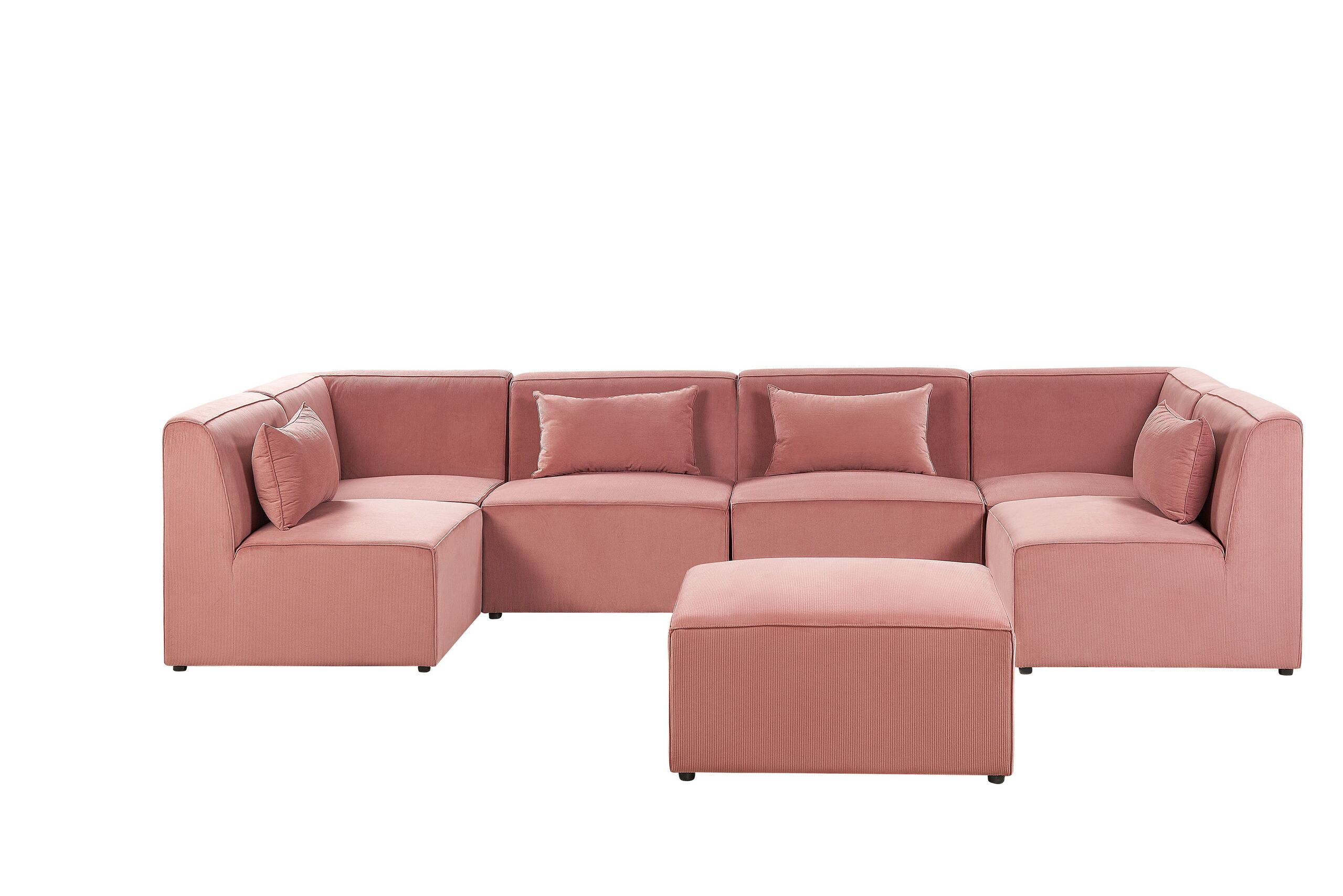Canapé panoramique modulable 6 places en velours côtelé rose avec pouf (photo) Canapé panoramique modulable 6 places en velours côtelé rose avec pouf