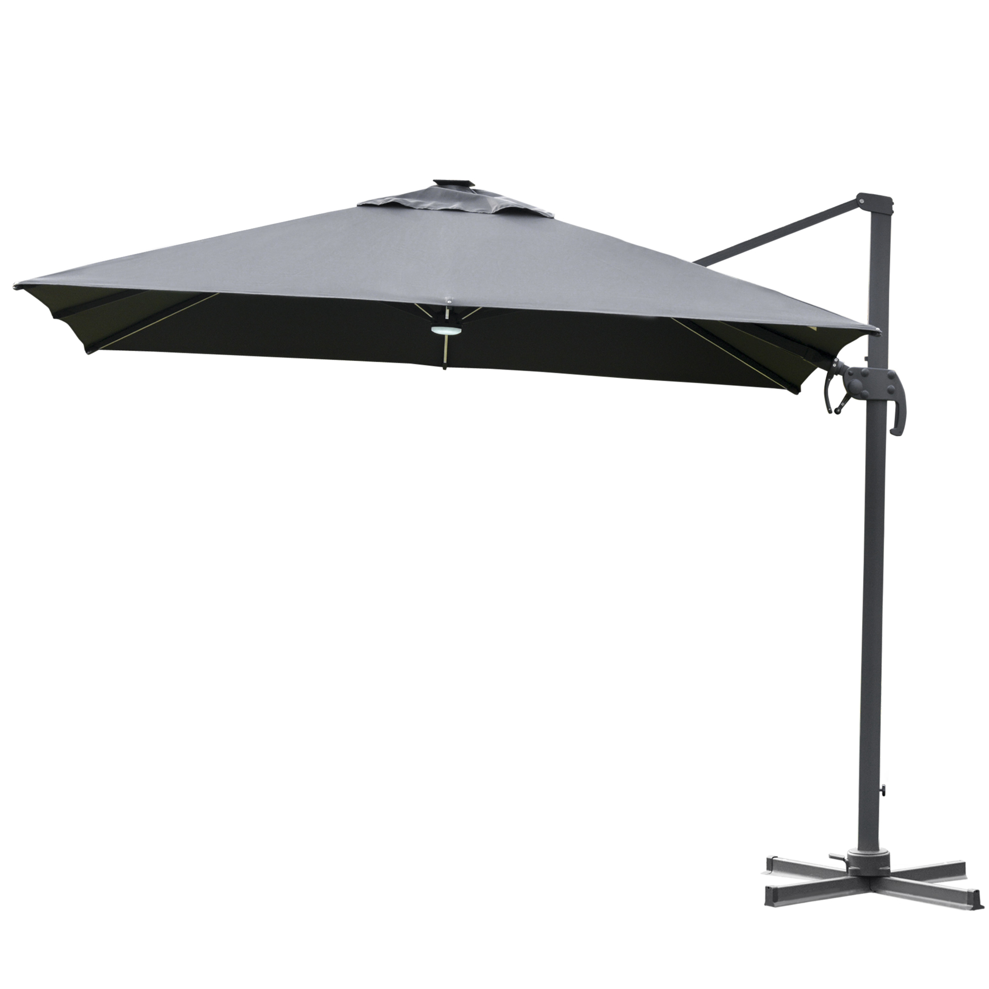 Parasol déporté LED carré inclinable pivotant 360° gris