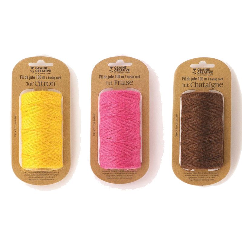 3 bobines de fil de jute jaune rose marron 100mx2mm 3 bobines de fil de jute jaune rose marron 100mx2mm