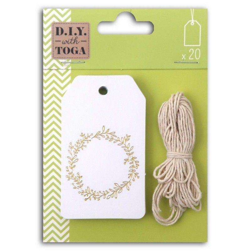 20 étiquettes blanches 4,5x8cm couronne de fleurs dorée & ficelle 20 étiquettes blanches 4,5x8cm couronne de fleurs dorée & ficelle