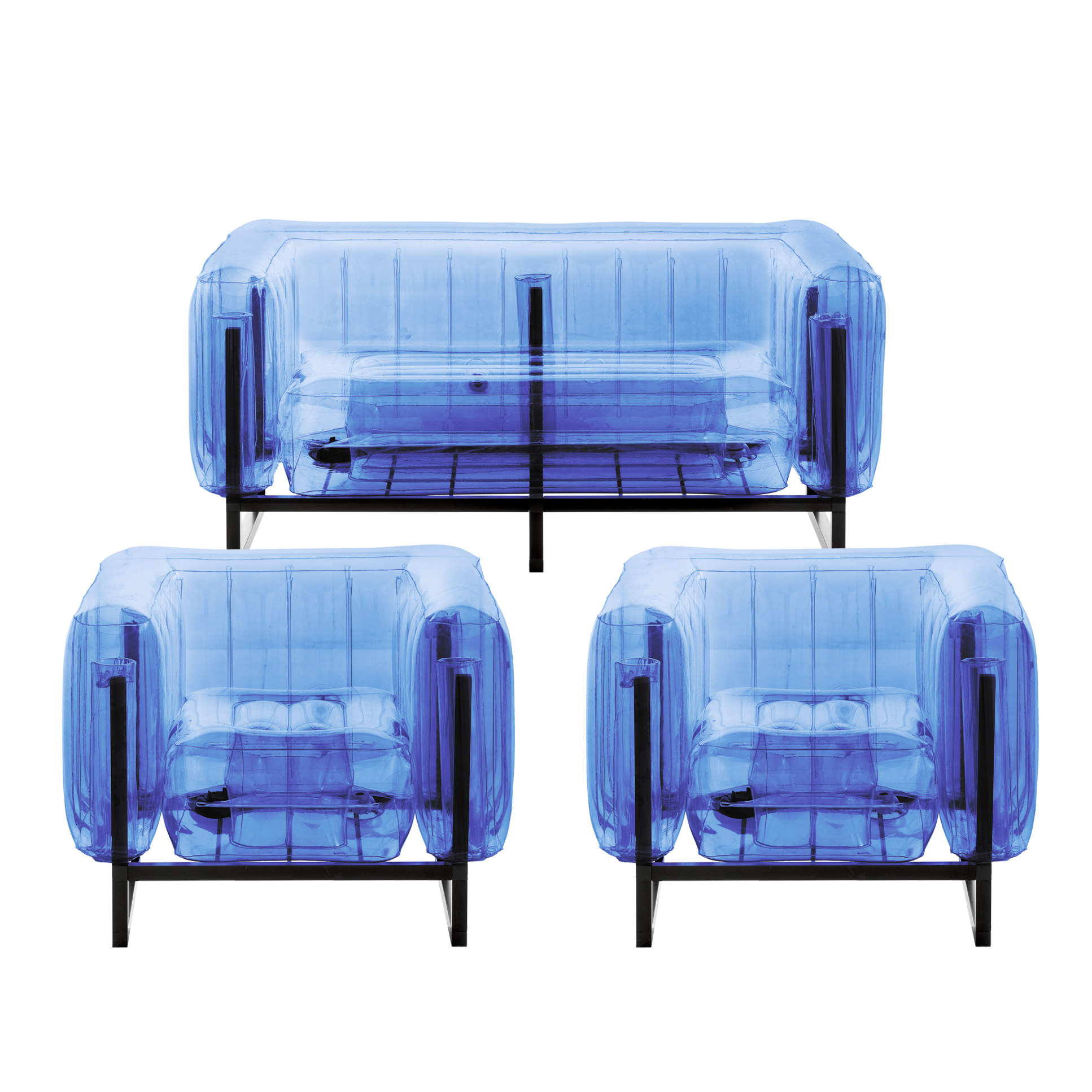 Salon de jardin design 1 canapé et 2 fauteuils bleus cadre aluminium
