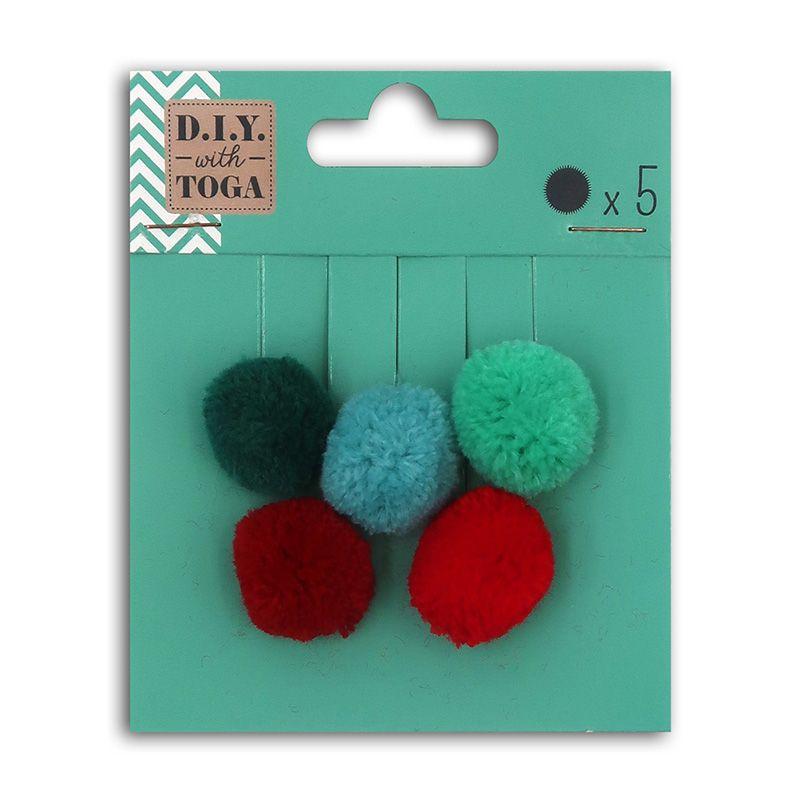 5 pompons en laine rouge et vert 2cm 5 pompons en laine rouge et vert 2cm