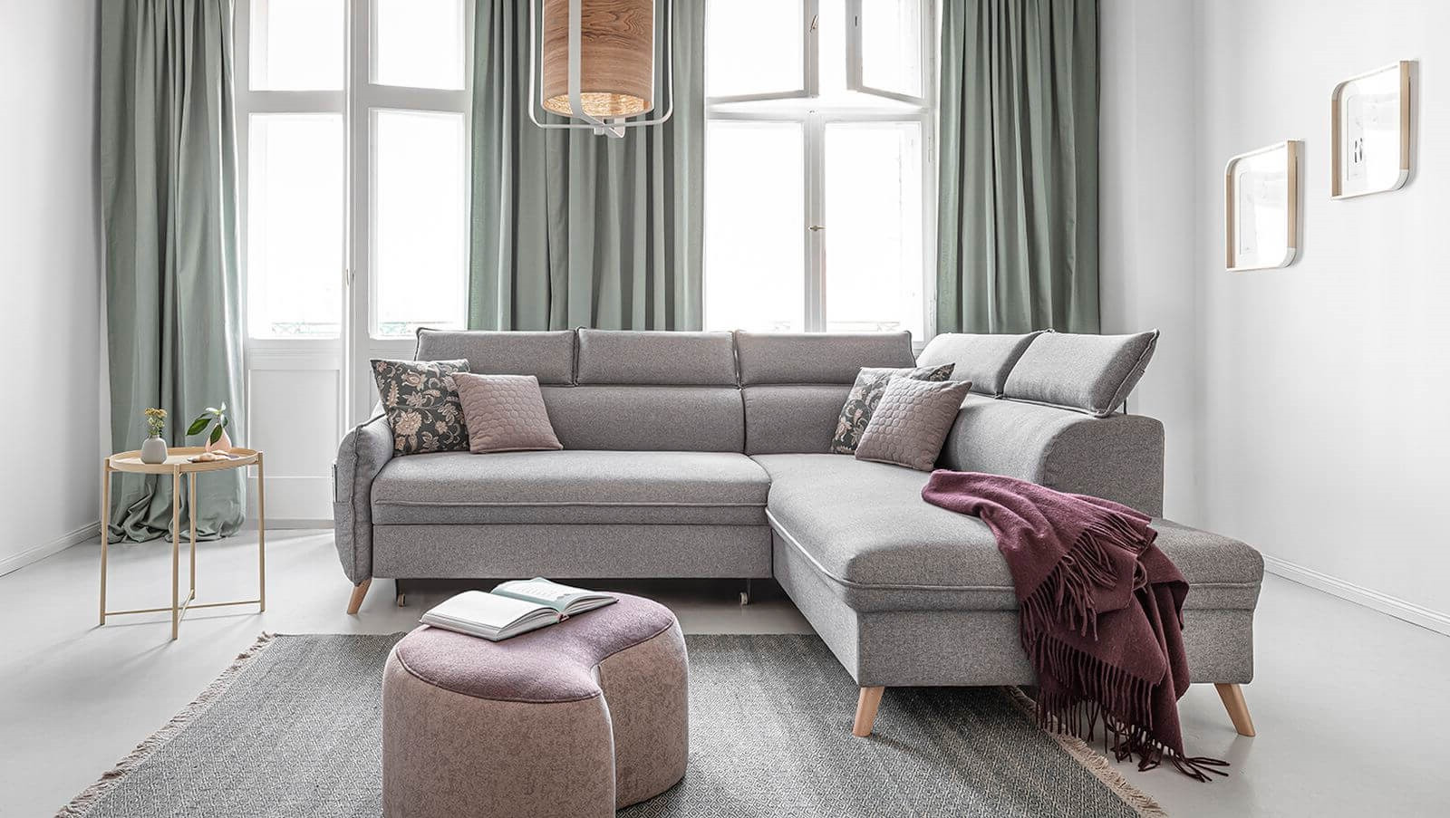 Canapé d'angle droit convertible 5 places Tissu Gris clair