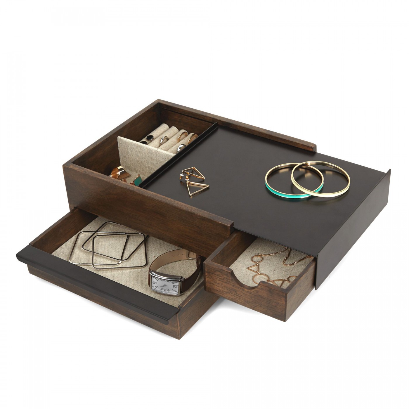Grande boîte à bijoux en bois coloris noyer et métal noir