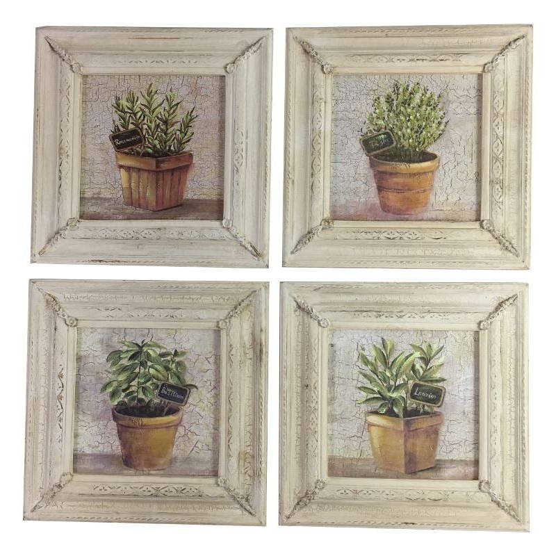 Lot de 4 tableaux cadres bois peint plantes aromatiques Lot de 4 tableaux cadres bois peint plantes aromatiques