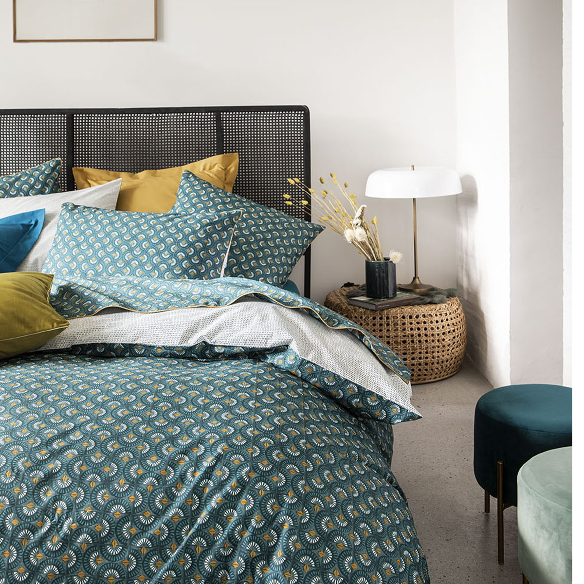 Parure de lit imprimée en percale de coton émeraude 200x200
