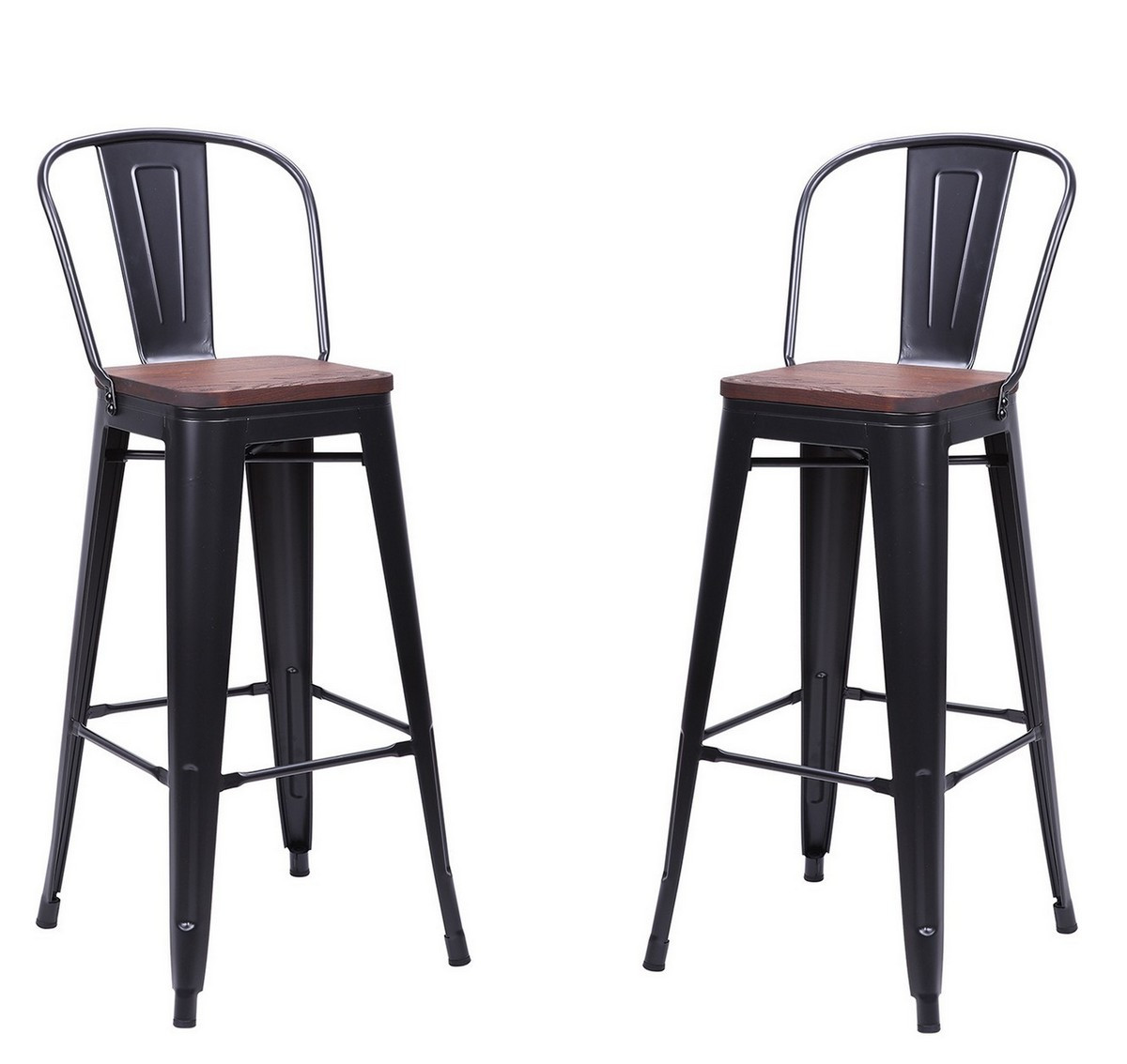 2 Chaises de bar en acier gris et bois foncé