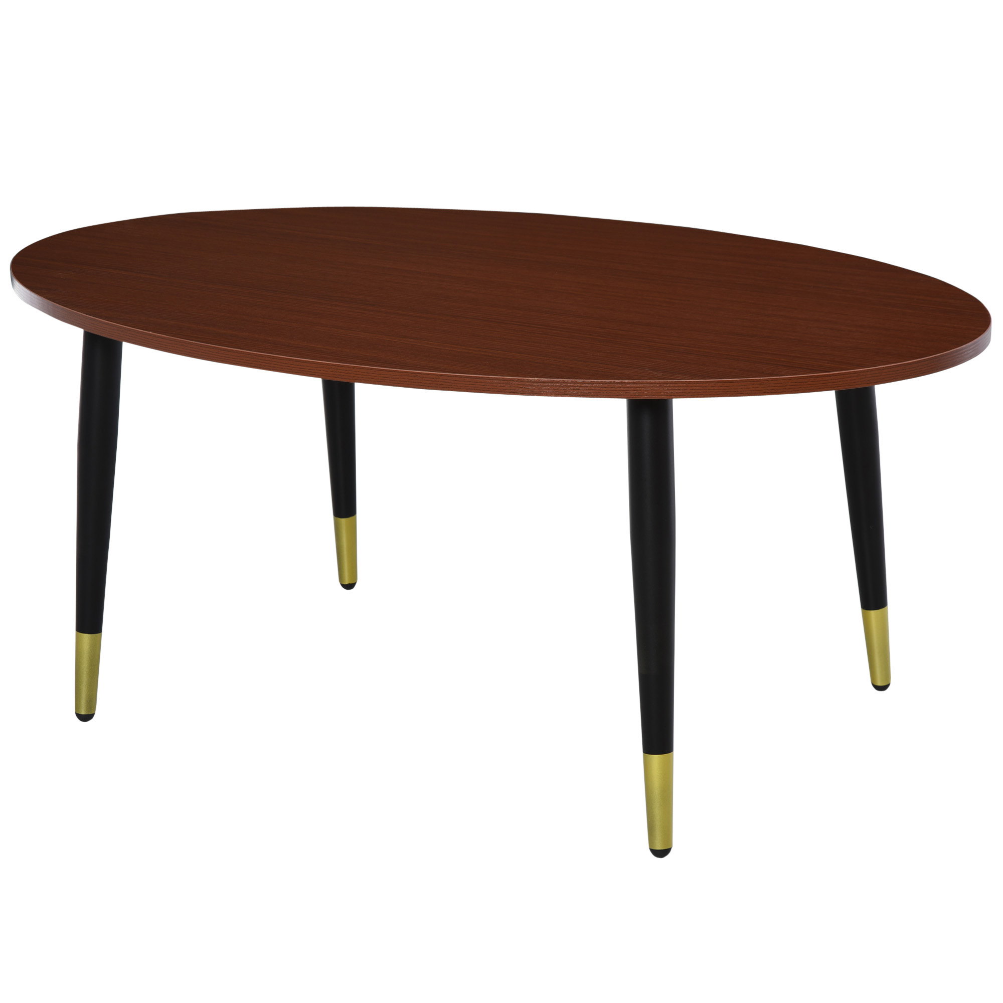 table basse ovale style néo-rétro bas pieds dorés aspect teck foncé