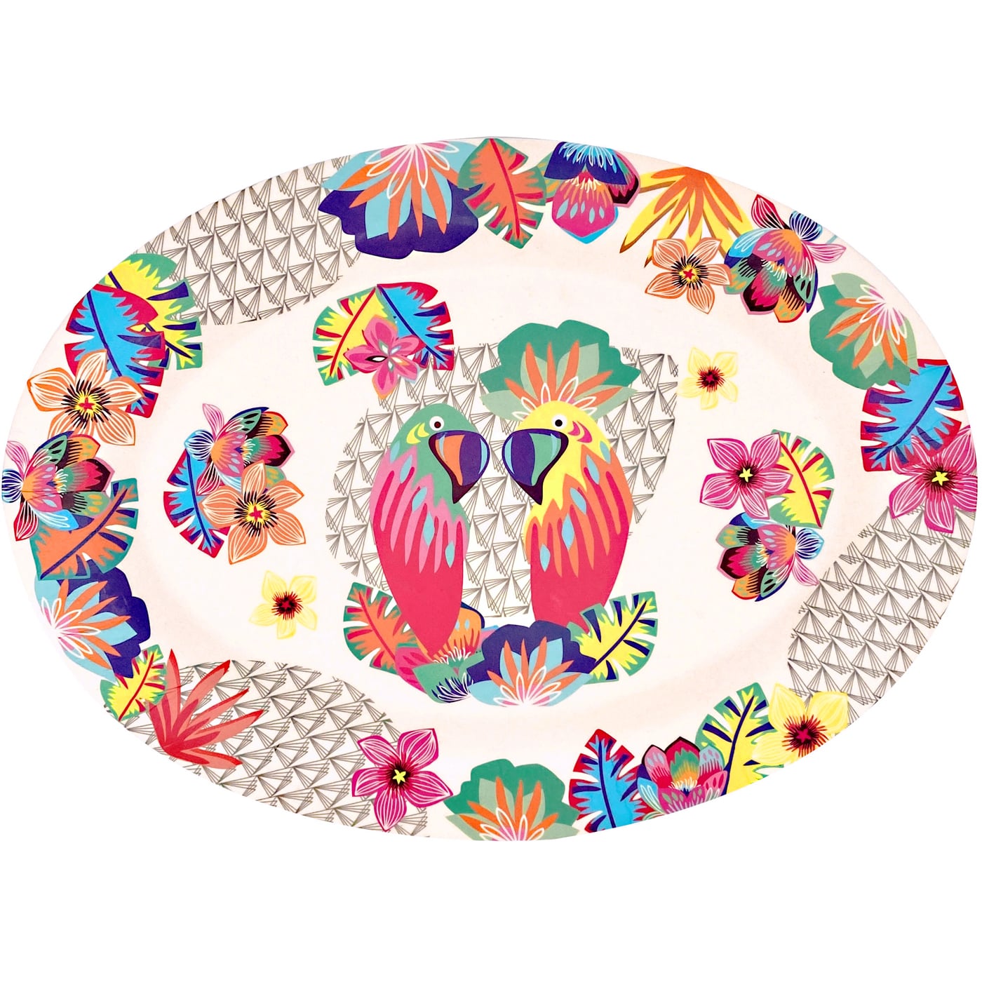 Plat de présentation ovale bambou écologique décoré par des perroquets