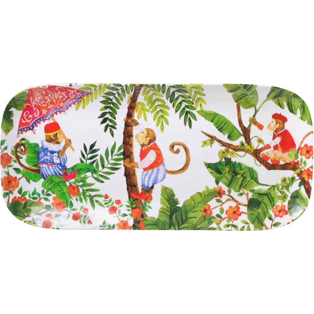 Plat à cake rectangulaire mélamine 37,5 cm décoré de singes de Bali Plat à cake rectangulaire mélamine 37,5 cm décoré de singes de Bali